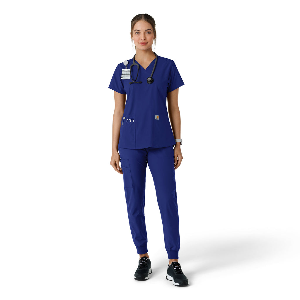 Force Essentials C12313 Women's V-Neck Knit Panel Scrub Top Galaxy Blue