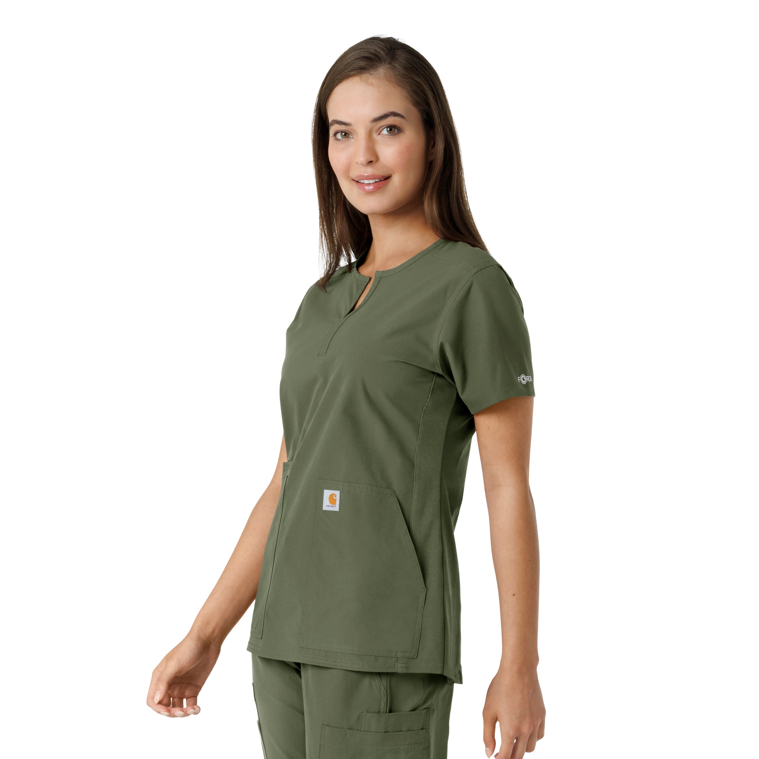 Force Essentials C12413 Notch Neck Tunic Knit Panel Scrub Top Olive