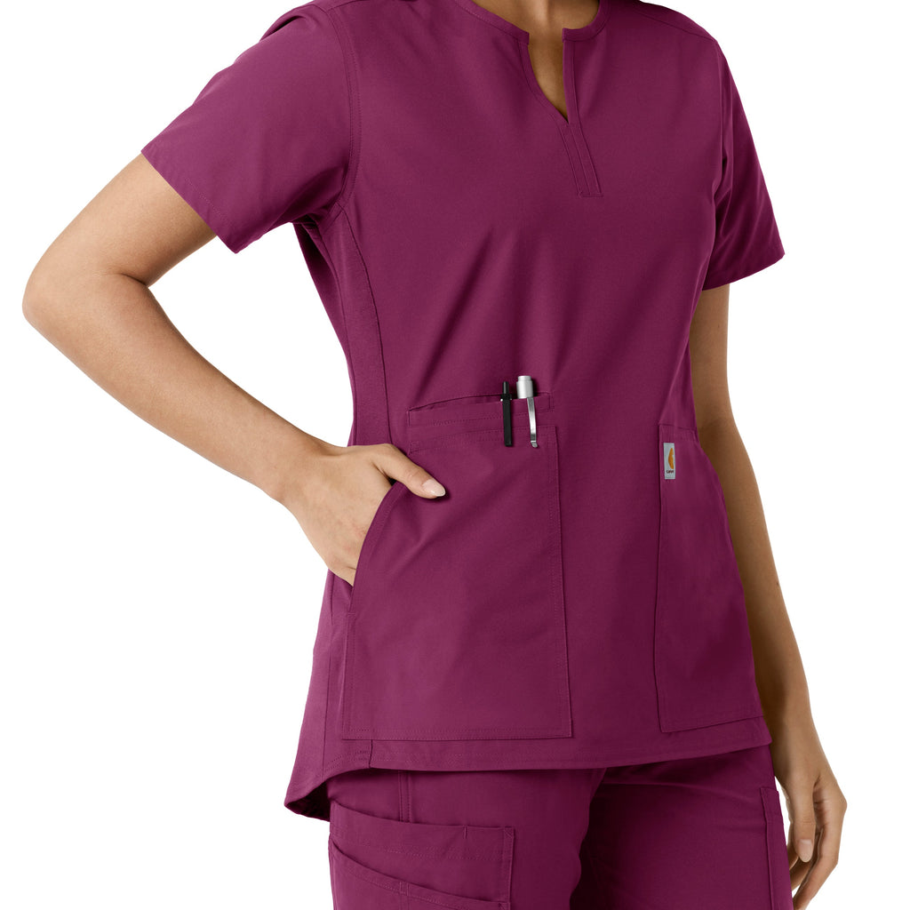 Force Essentials C12413 Notch Neck Tunic Knit Panel Scrub Top Wine