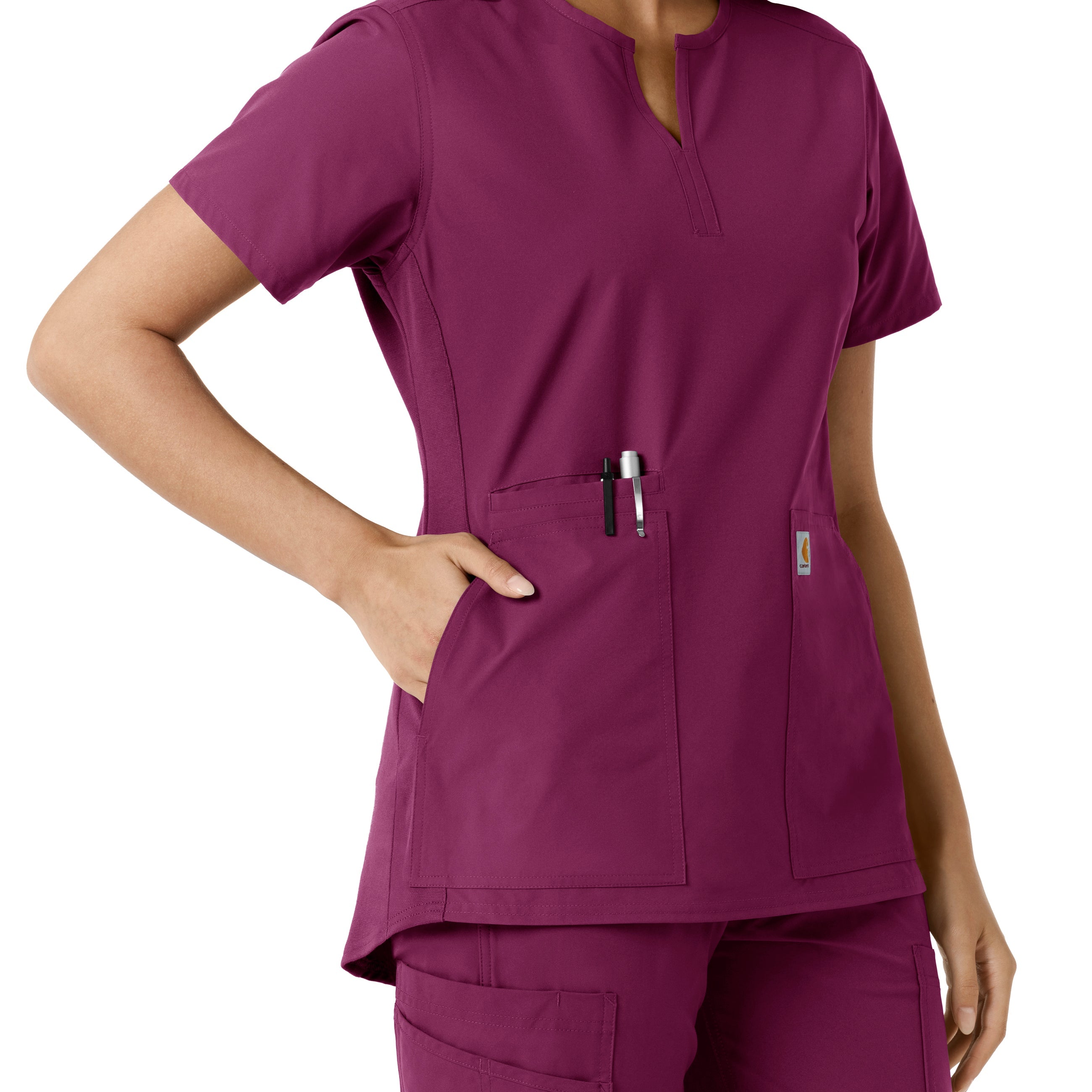 Force Essentials C12413 Notch Neck Tunic Knit Panel Scrub Top Wine