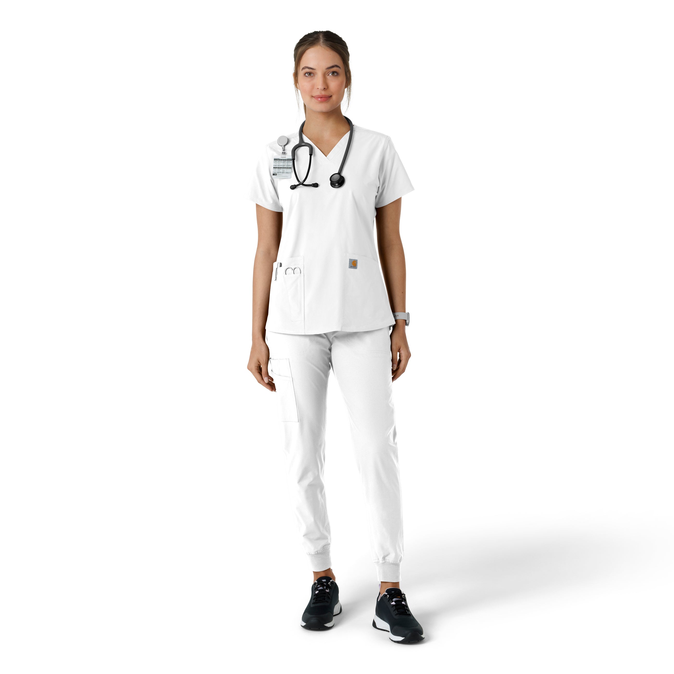 Force Essentials C12313 V-Neck Knit Panel Scrub Top White