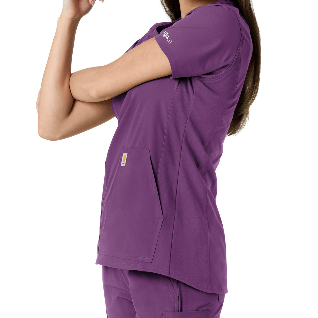 Force Essentials C12413 Notch Neck Tunic Knit Panel Scrub Top Eggplant