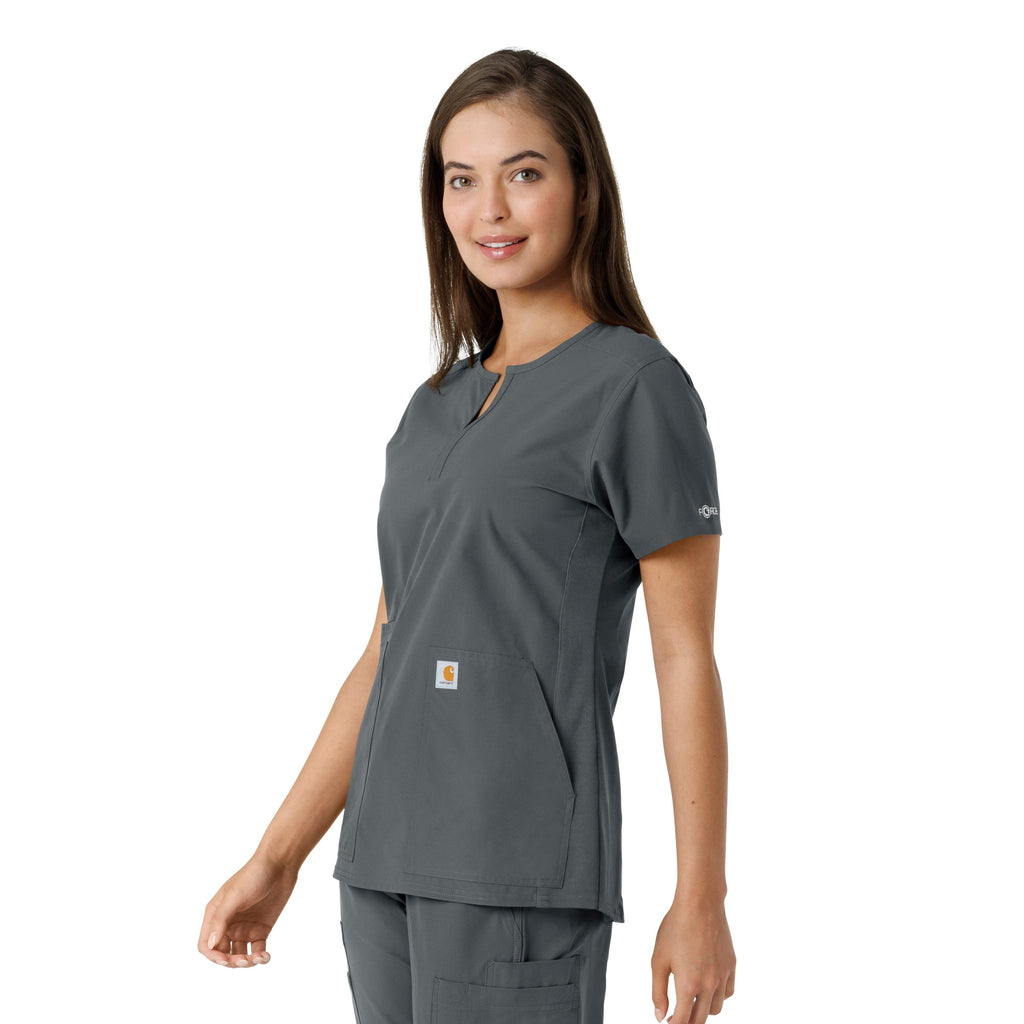 Force Essentials C12413 Notch Neck Tunic Knit Panel Scrub Top Pewter