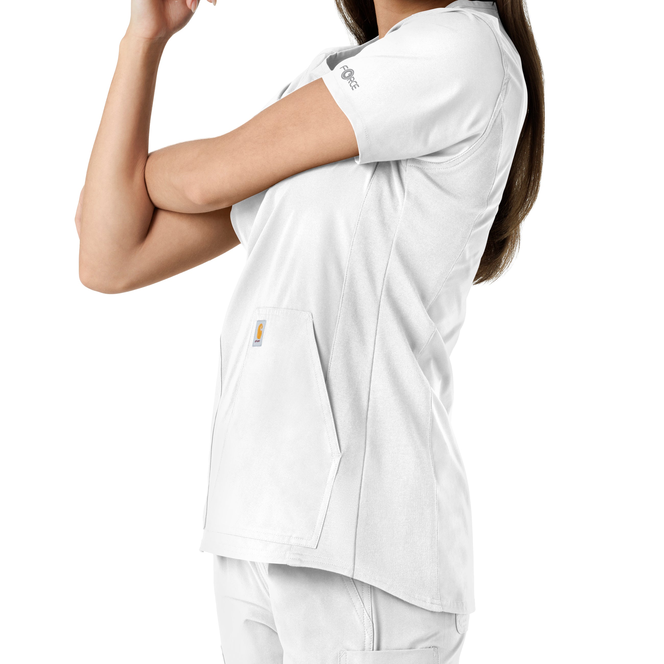 Force Essentials C12413 Notch Neck Tunic Knit Panel Scrub Top White