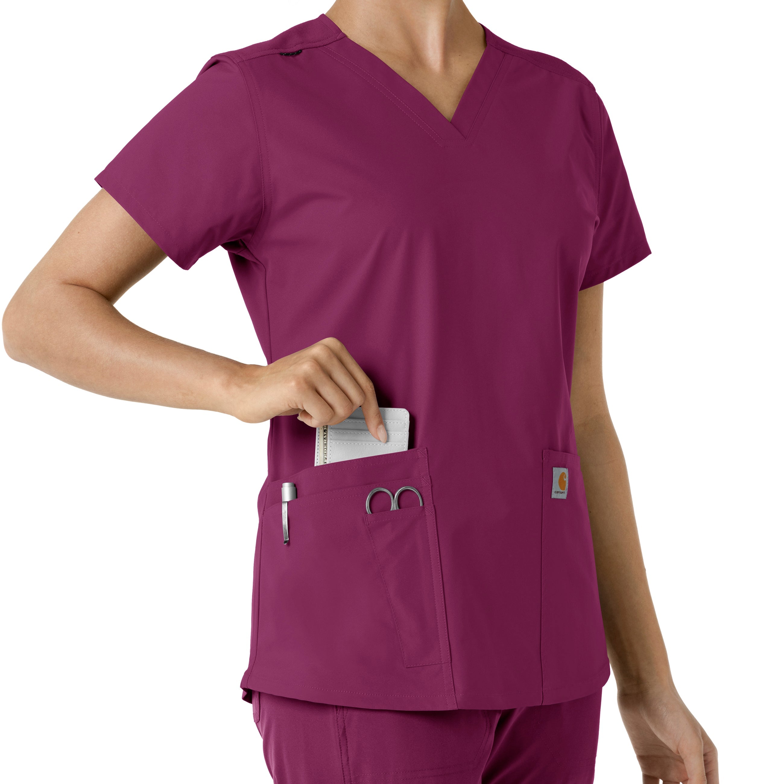 Force Essentials C12313 V-Neck Knit Panel Scrub Top Wine
