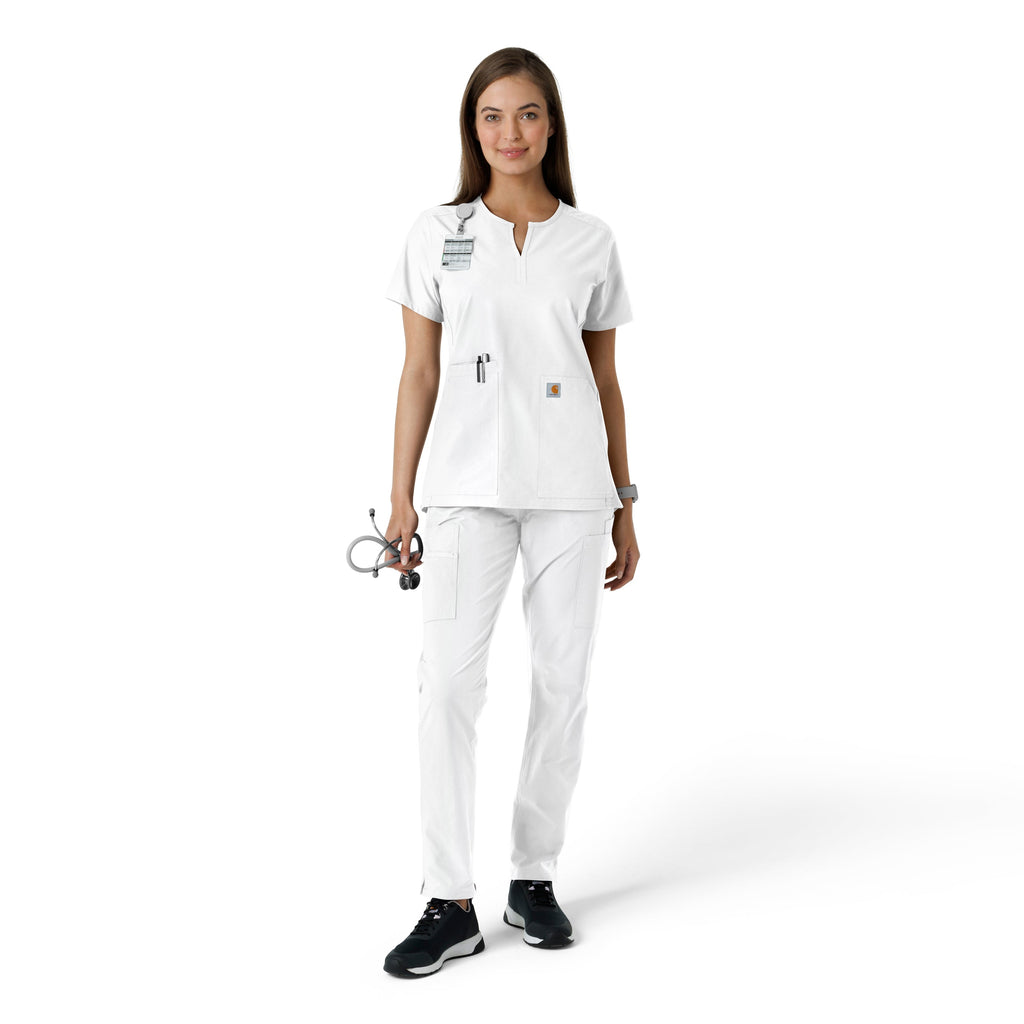 Force Essentials C12413 Notch Neck Tunic Knit Panel Scrub Top White