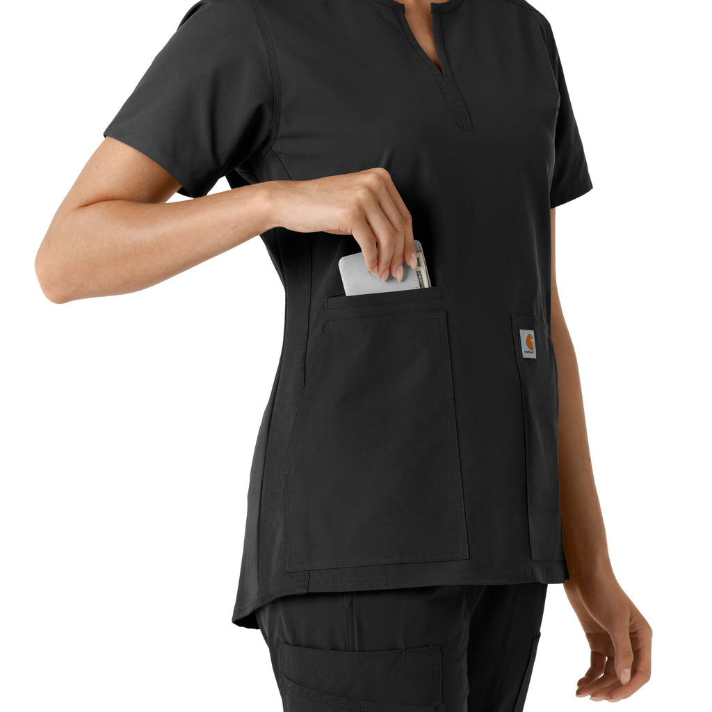 Force Essentials C12413 Notch Neck Tunic Knit Panel Scrub Top Black