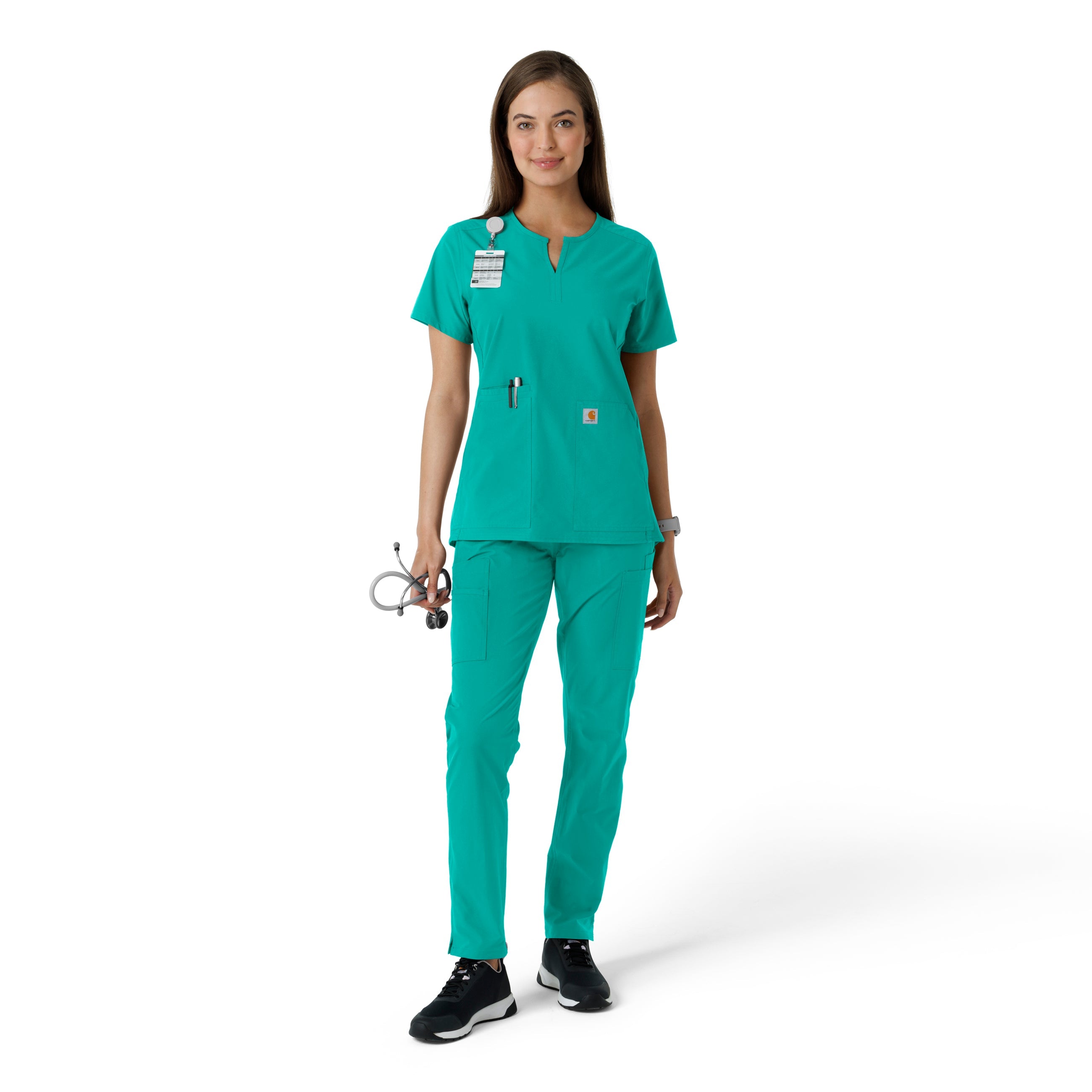 Force Essentials C12413 Notch Neck Tunic Knit Panel Scrub Top Teal
