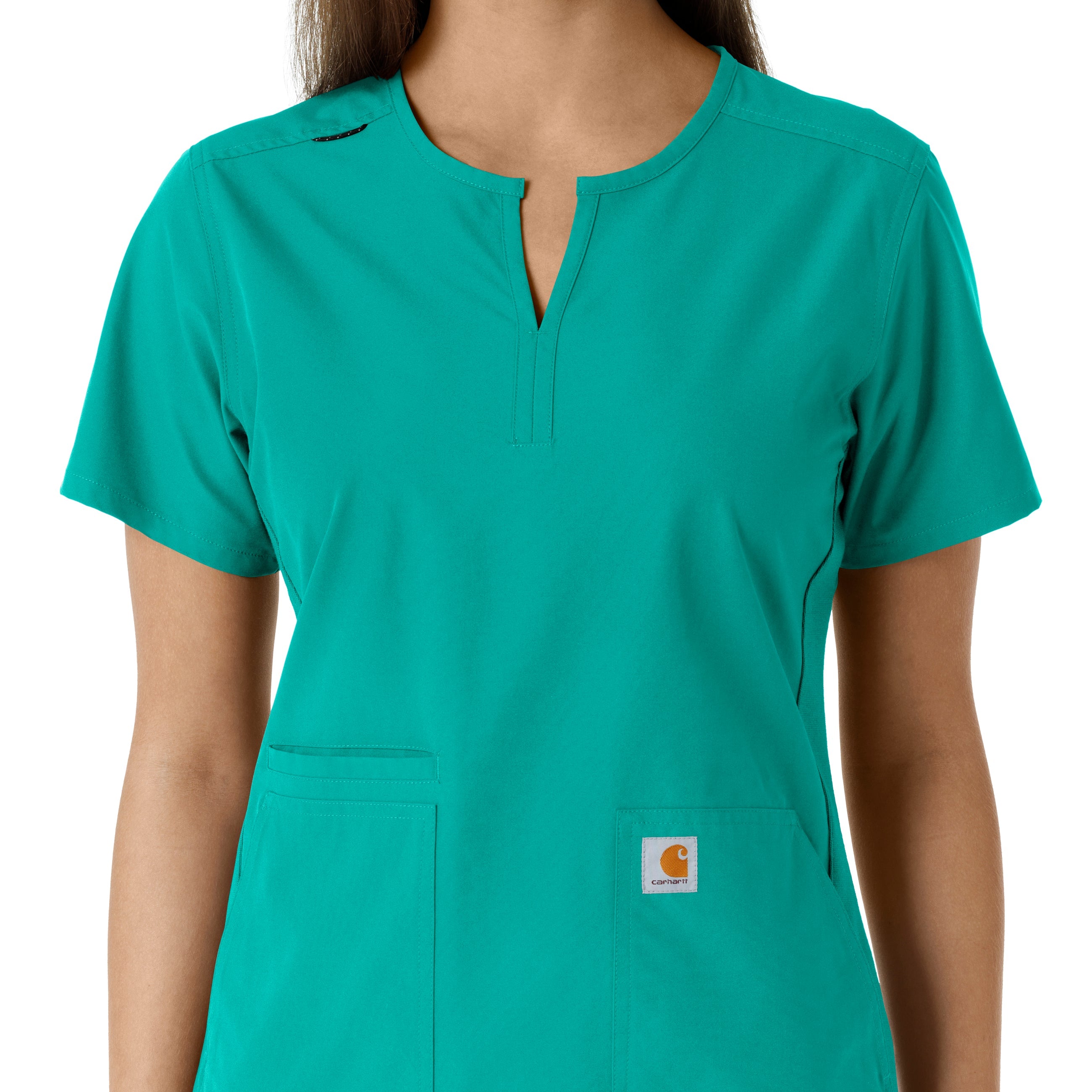 Force Essentials C12413 Notch Neck Tunic Knit Panel Scrub Top Teal