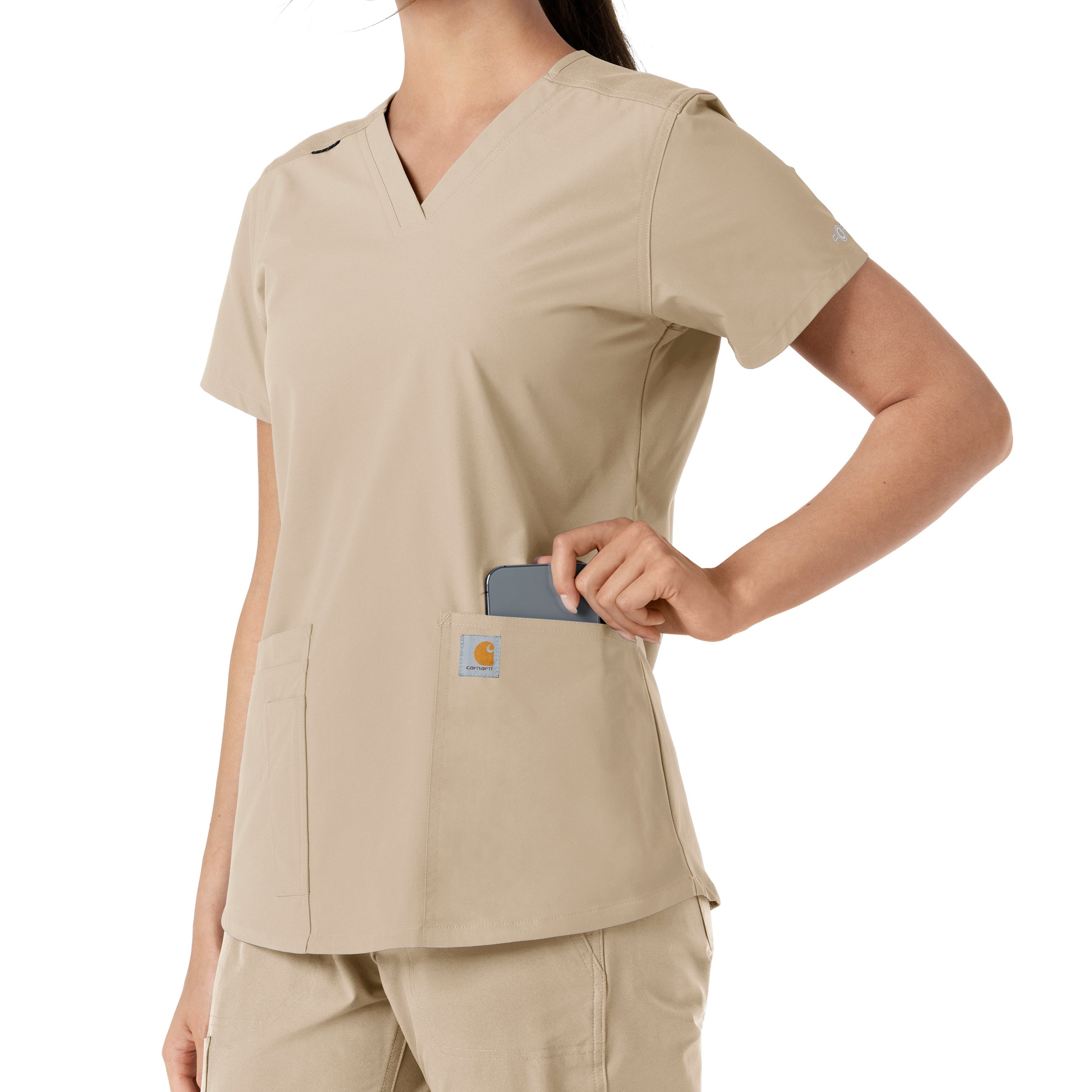 Force Essentials C12313 V-Neck Knit Panel Scrub Top Khaki