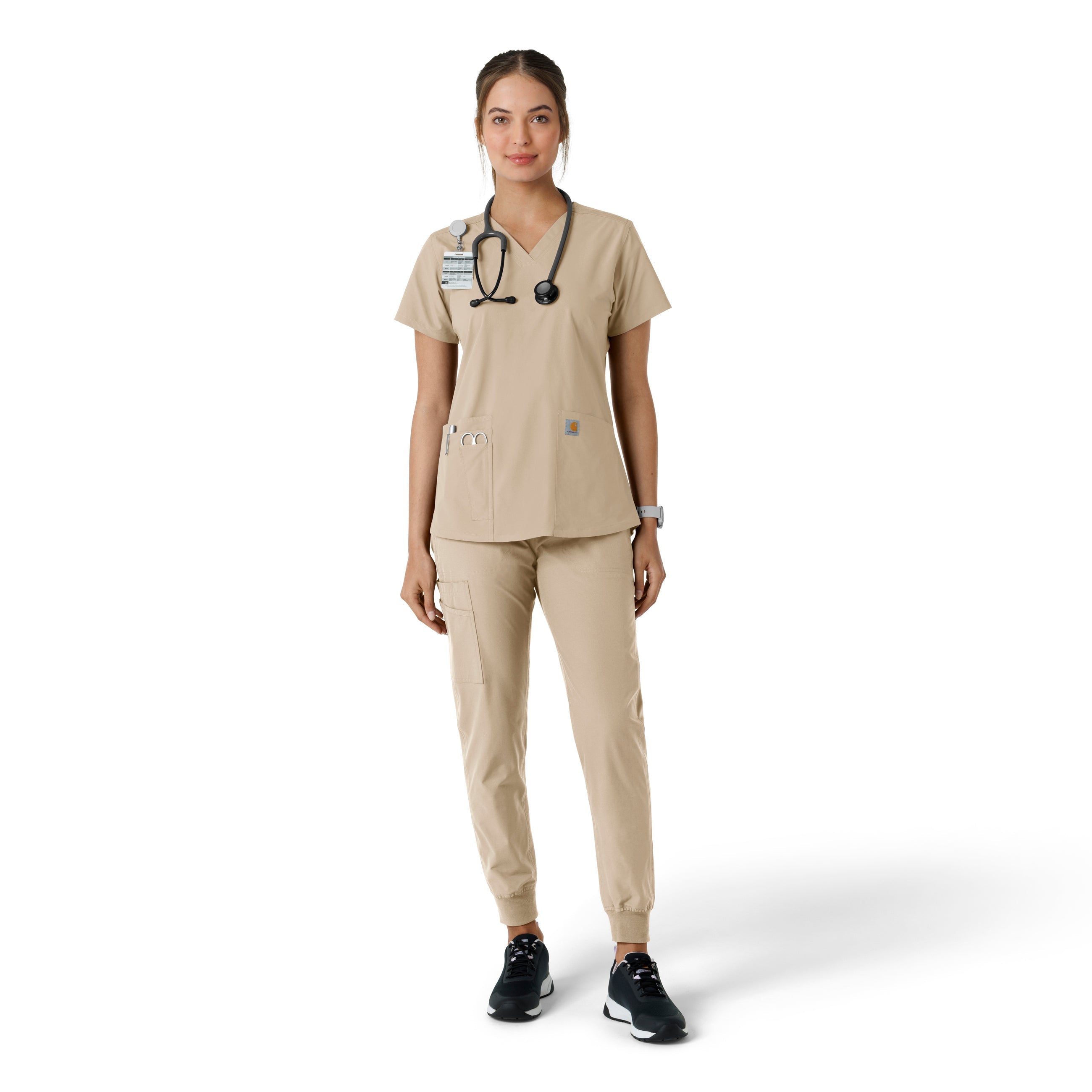 Force Essentials C12313 V-Neck Knit Panel Scrub Top Khaki