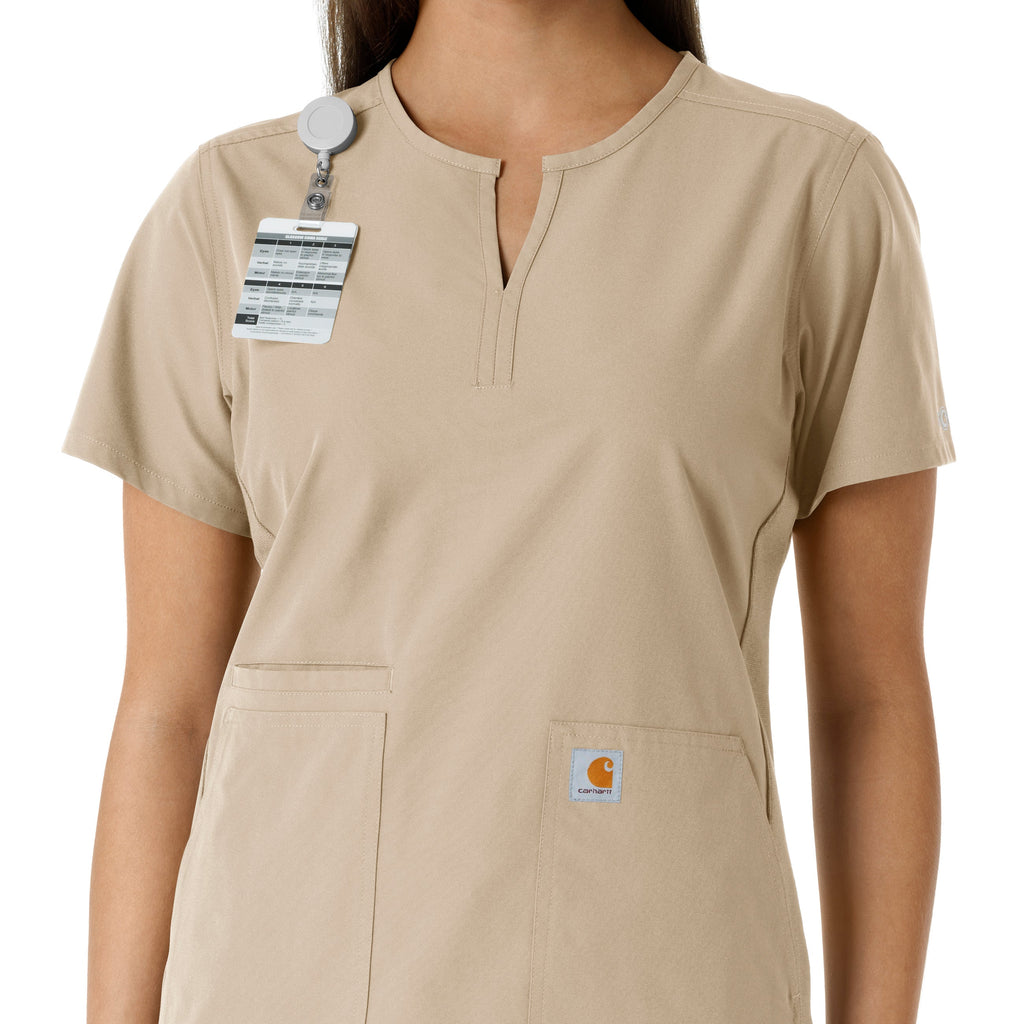 Force Essentials C12413 Notch Neck Tunic Knit Panel Scrub Top Khaki