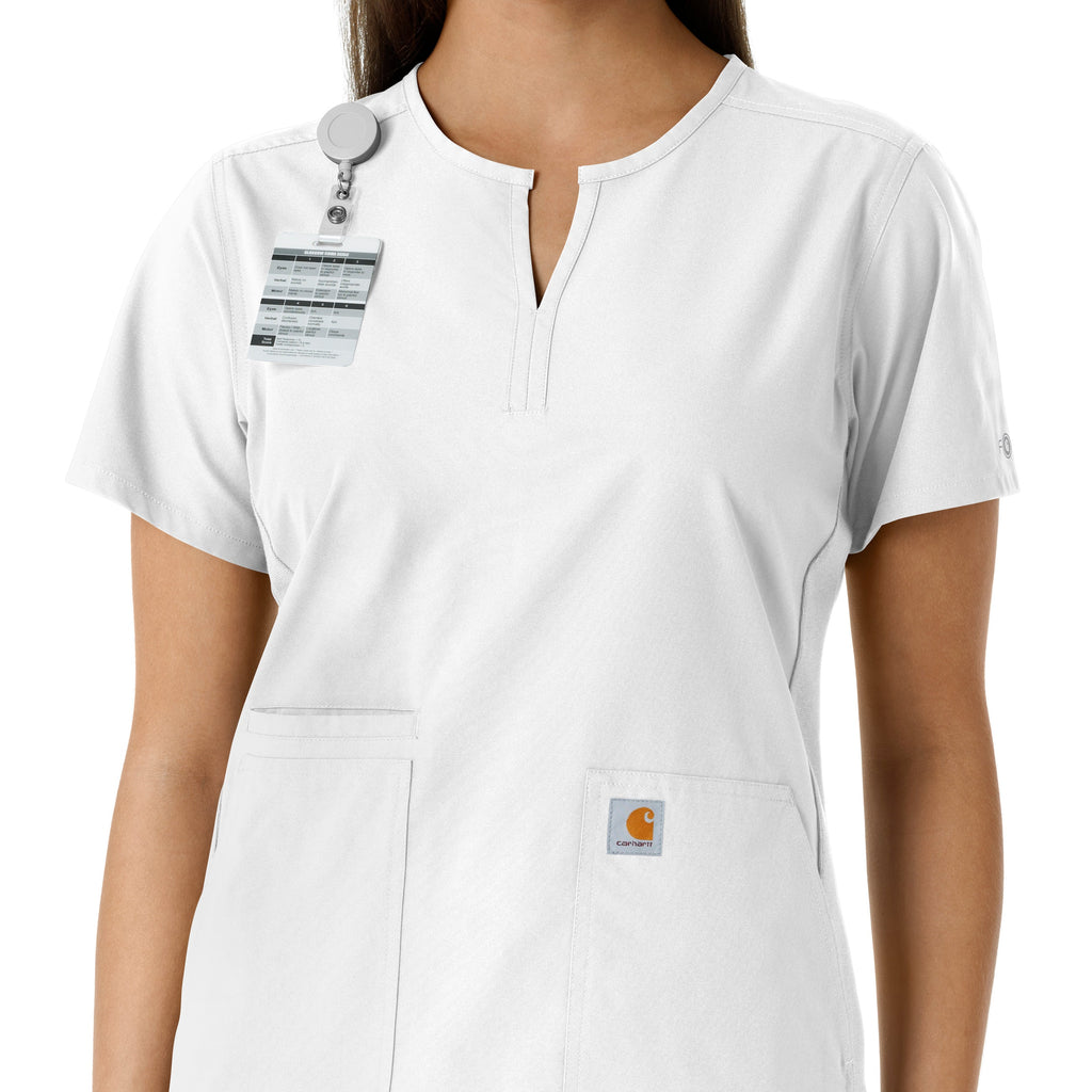 Force Essentials C12413 Notch Neck Tunic Knit Panel Scrub Top White