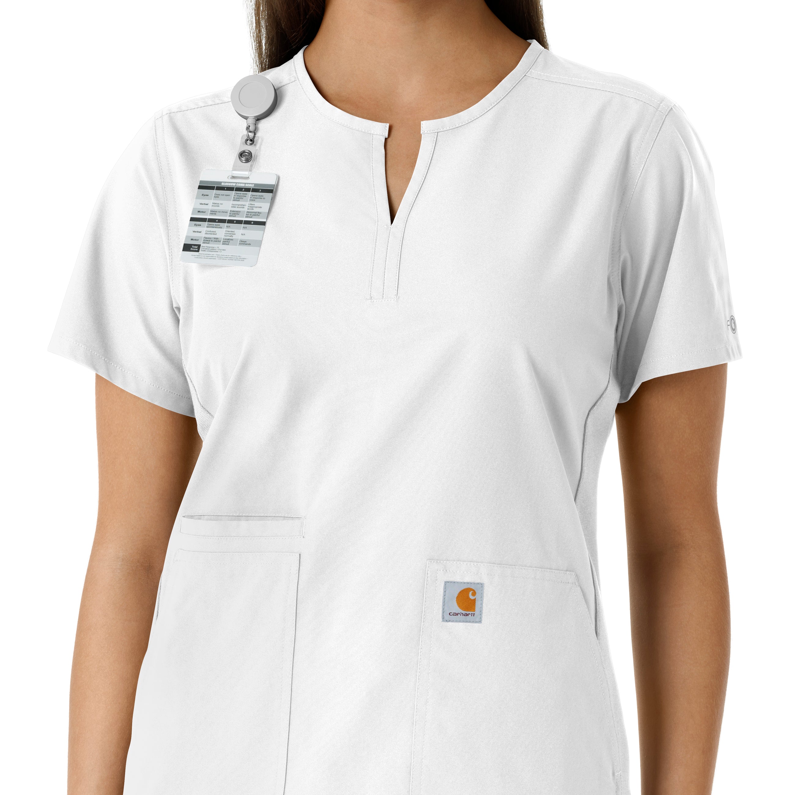 Force Essentials C12413 Notch Neck Tunic Knit Panel Scrub Top White
