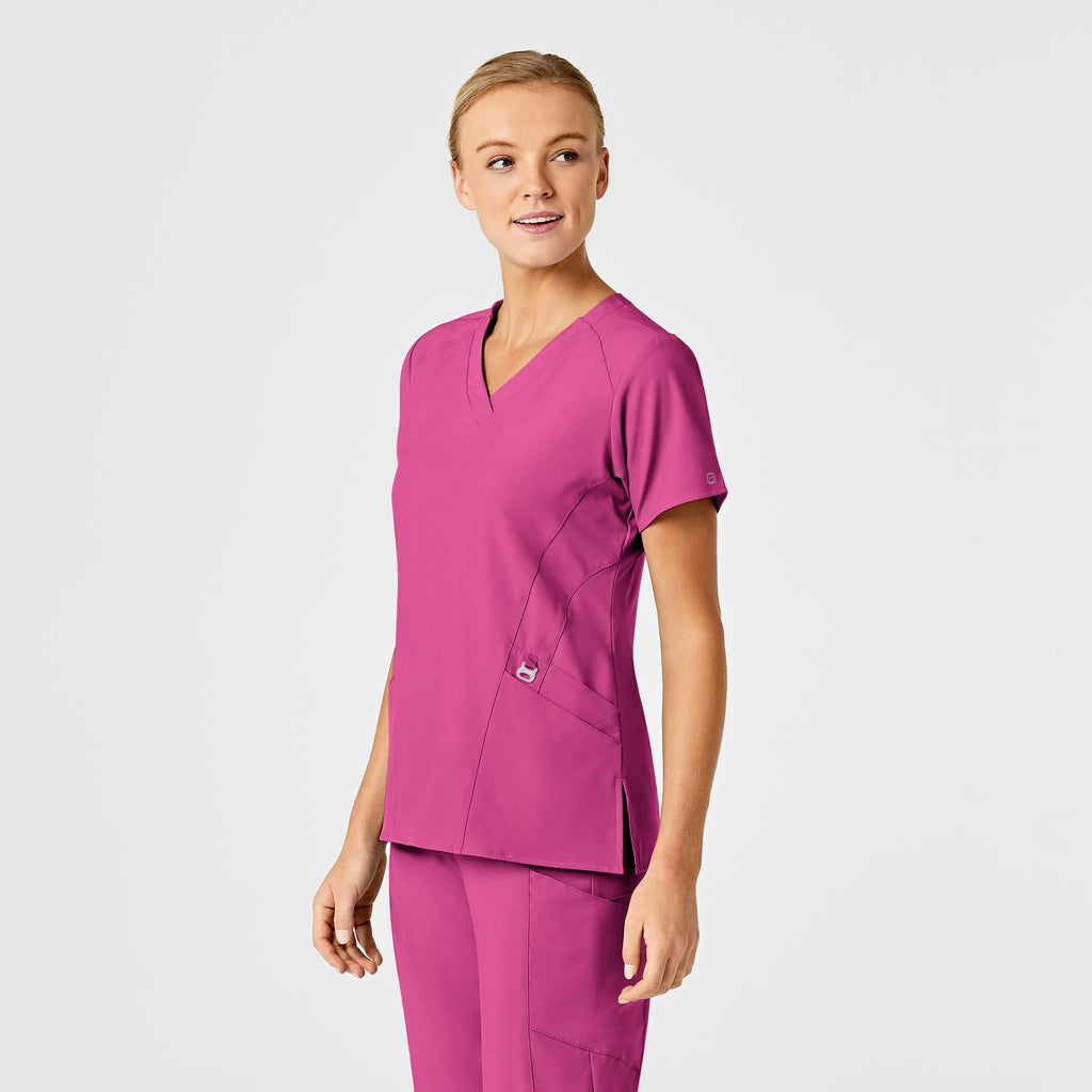 W123 6155 Stylized V-Neck Scrub Top Hot Pink