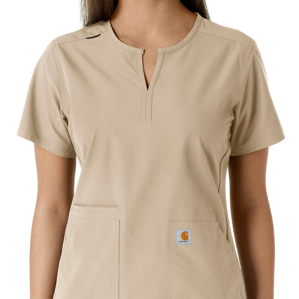 Force Essentials C12413 Notch Neck Tunic Knit Panel Scrub Top Khaki
