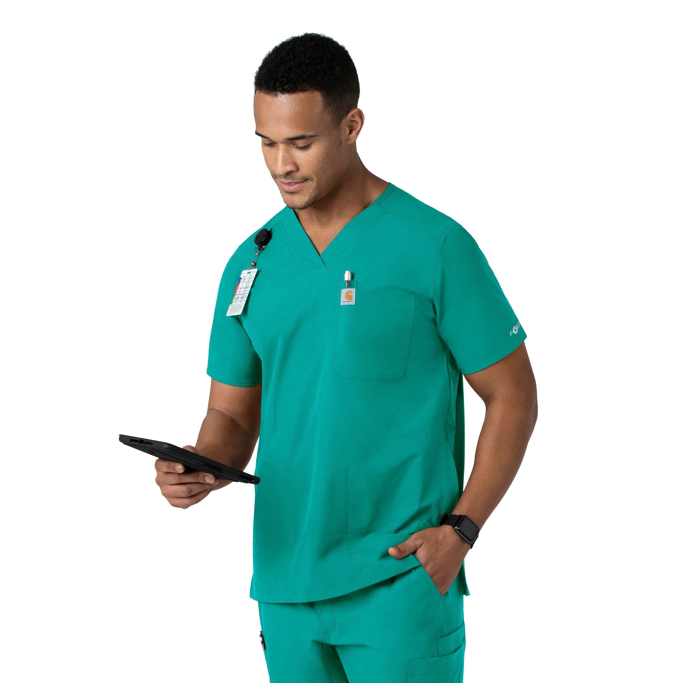 Force Essentials C16113 Men's V-Neck Shirttail Scrub Top Teal Blue