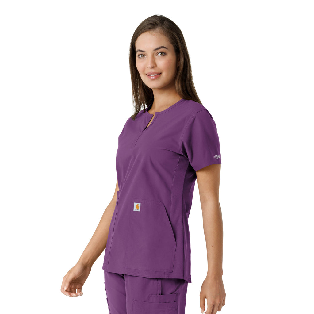 Force Essentials C12413 Notch Neck Tunic Knit Panel Scrub Top Eggplant