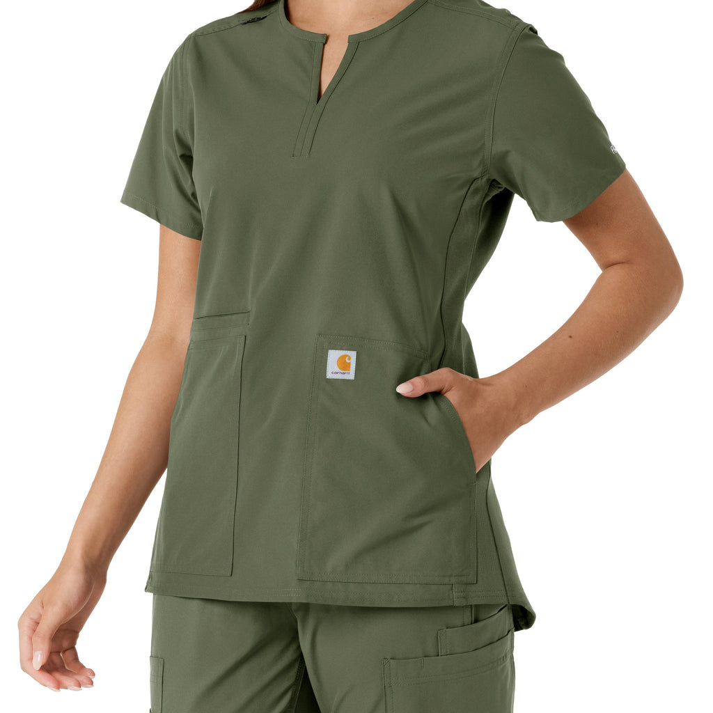 Force Essentials C12413 Notch Neck Tunic Knit Panel Scrub Top Olive