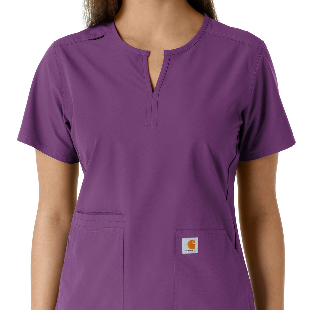 Force Essentials C12413 Notch Neck Tunic Knit Panel Scrub Top Eggplant