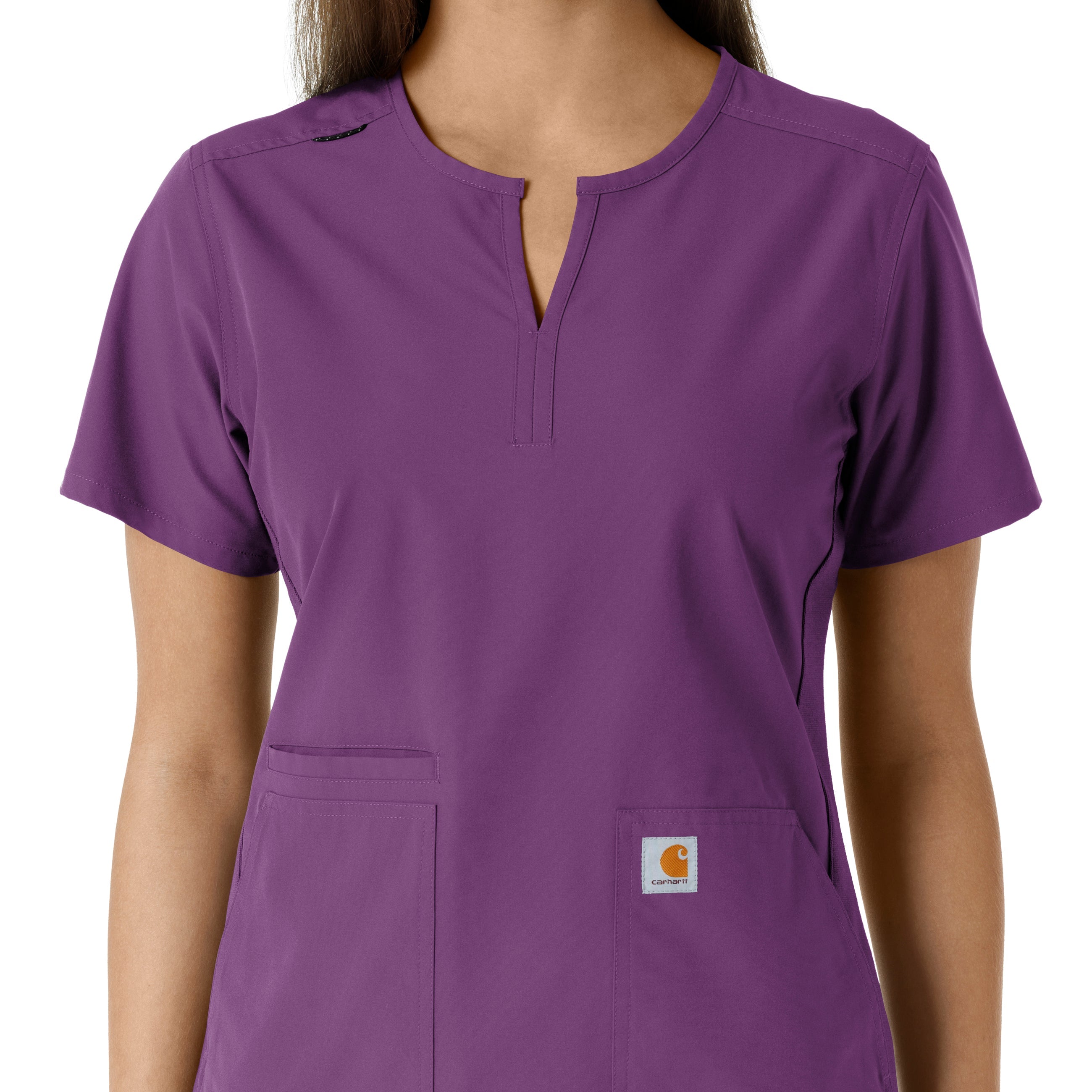 Force Essentials C12413 Notch Neck Tunic Knit Panel Scrub Top Eggplant