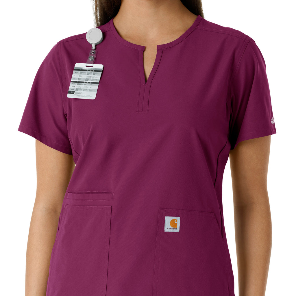 Force Essentials C12413 Notch Neck Tunic Knit Panel Scrub Top Wine