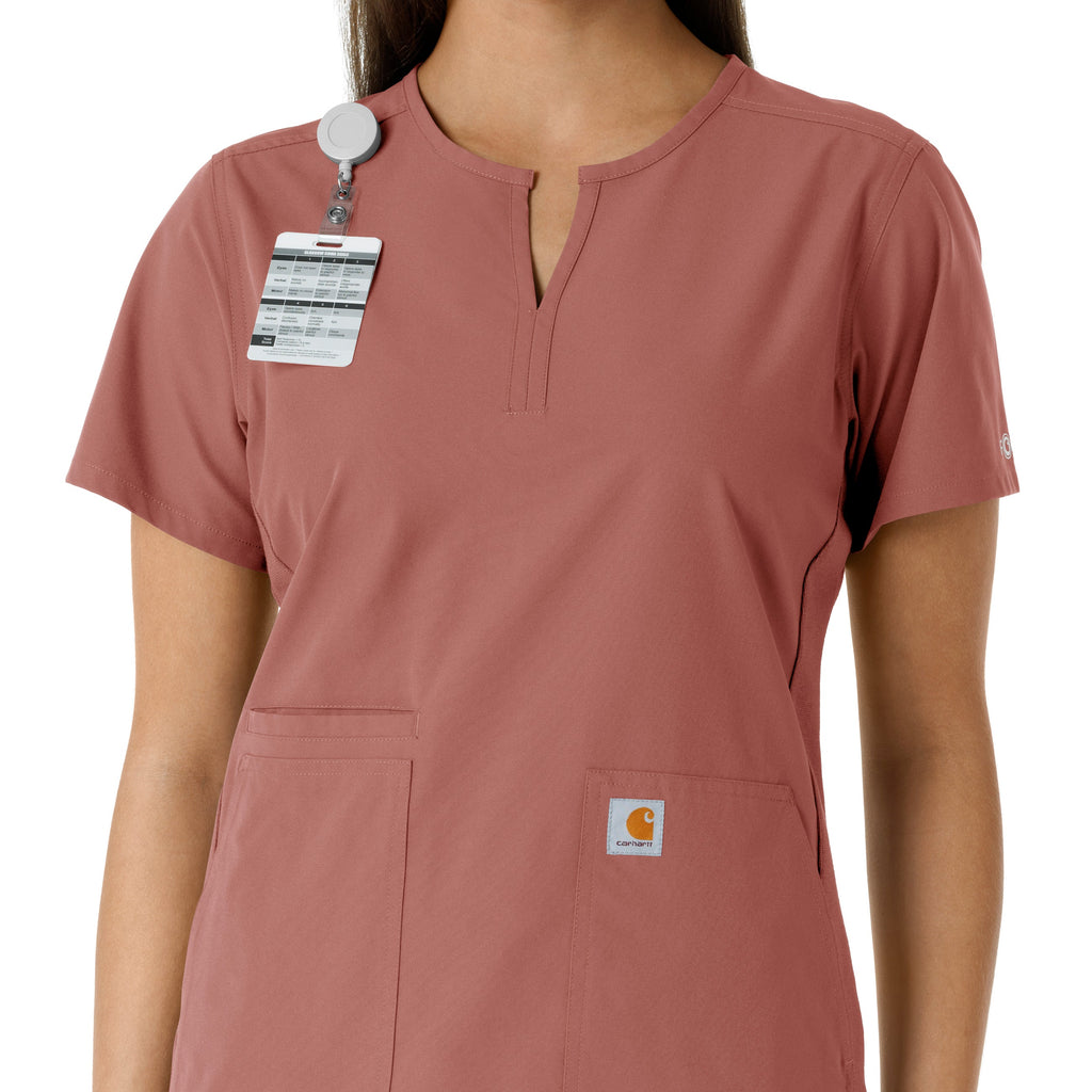 Force Essentials C12413 Notch Neck Tunic Knit Panel Scrub Top Wildrose