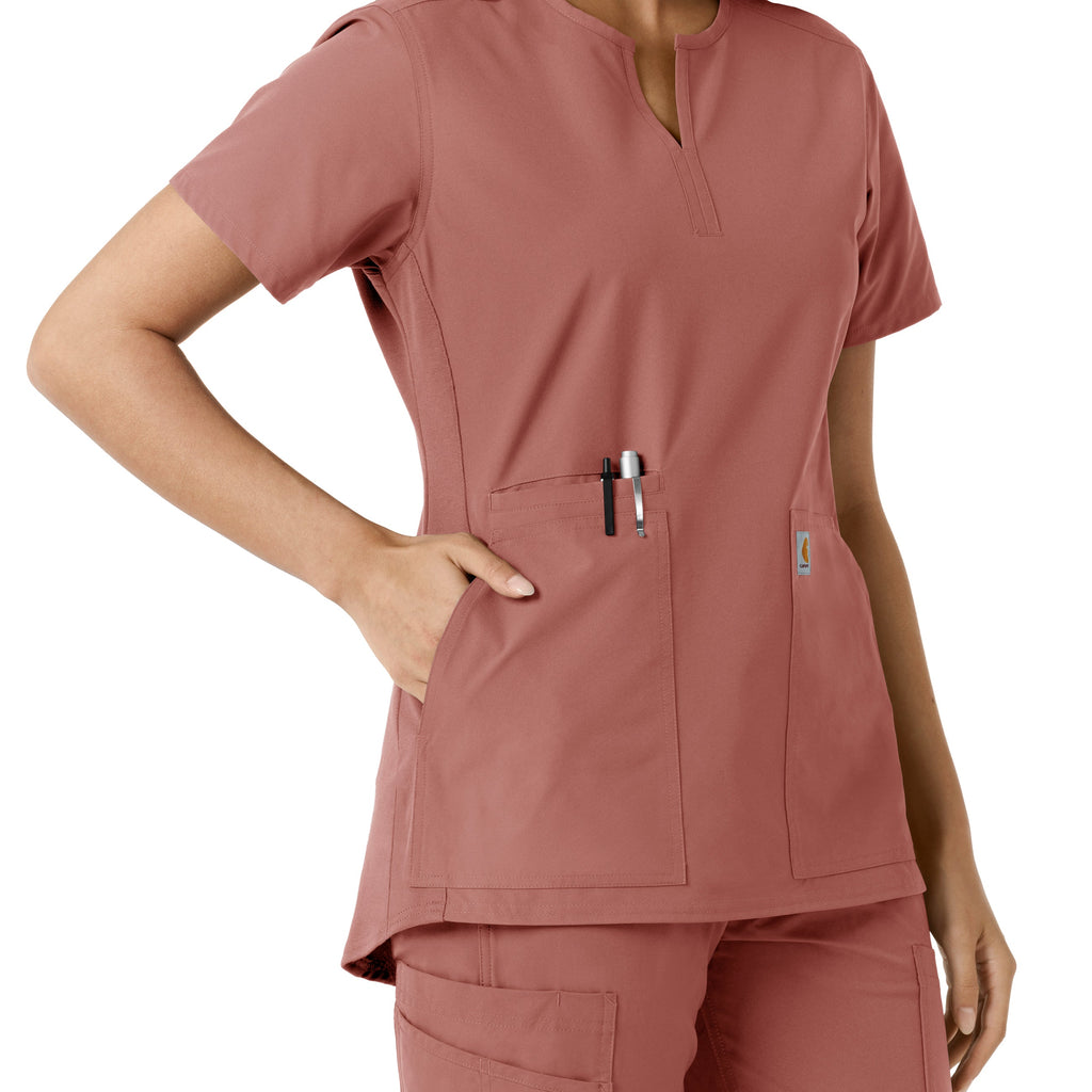Force Essentials C12413 Notch Neck Tunic Knit Panel Scrub Top Wildrose
