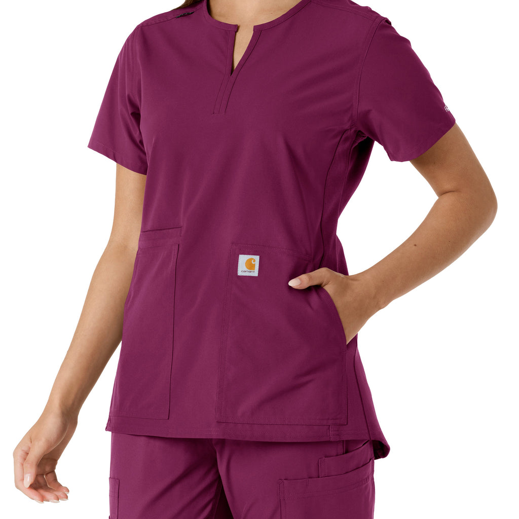 Force Essentials C12413 Notch Neck Tunic Knit Panel Scrub Top Wine