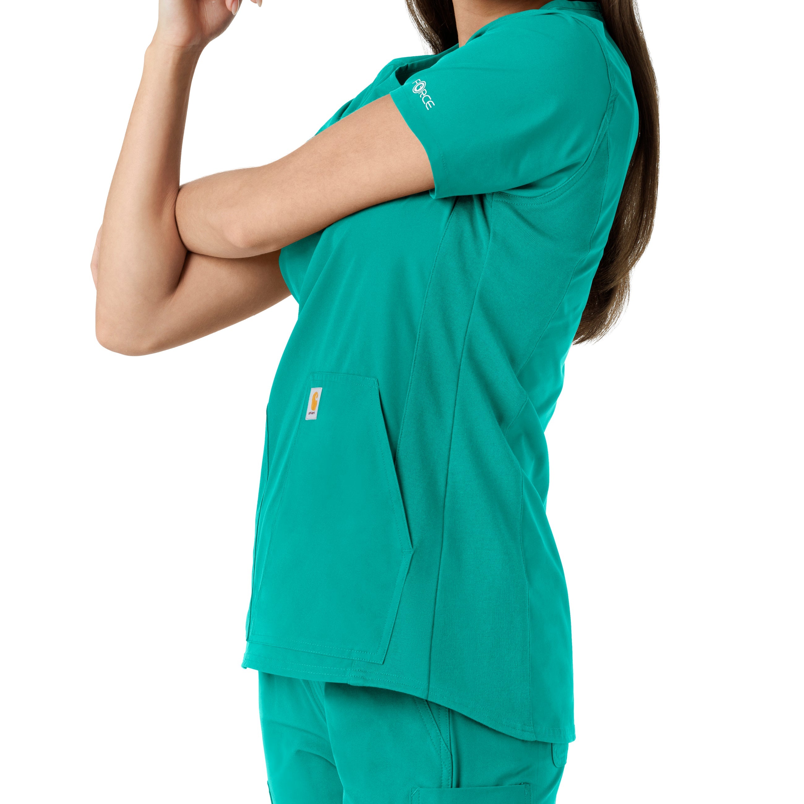 Force Essentials C12413 Notch Neck Tunic Knit Panel Scrub Top Teal