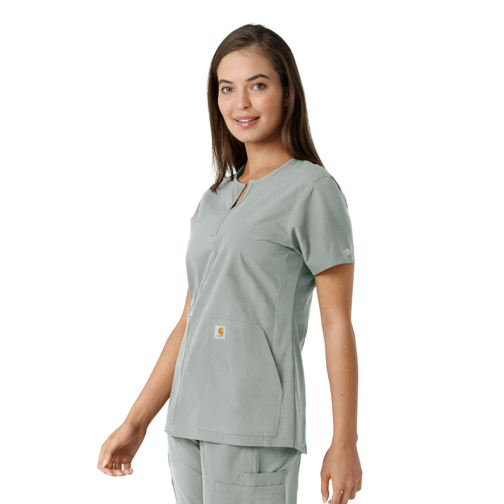 Force Essentials C12413 Notch Neck Tunic Knit Panel Scrub Top Grey