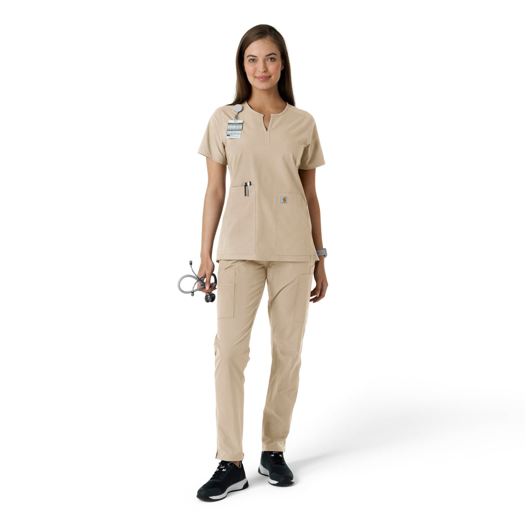 Force Essentials C12413 Notch Neck Tunic Knit Panel Scrub Top Khaki