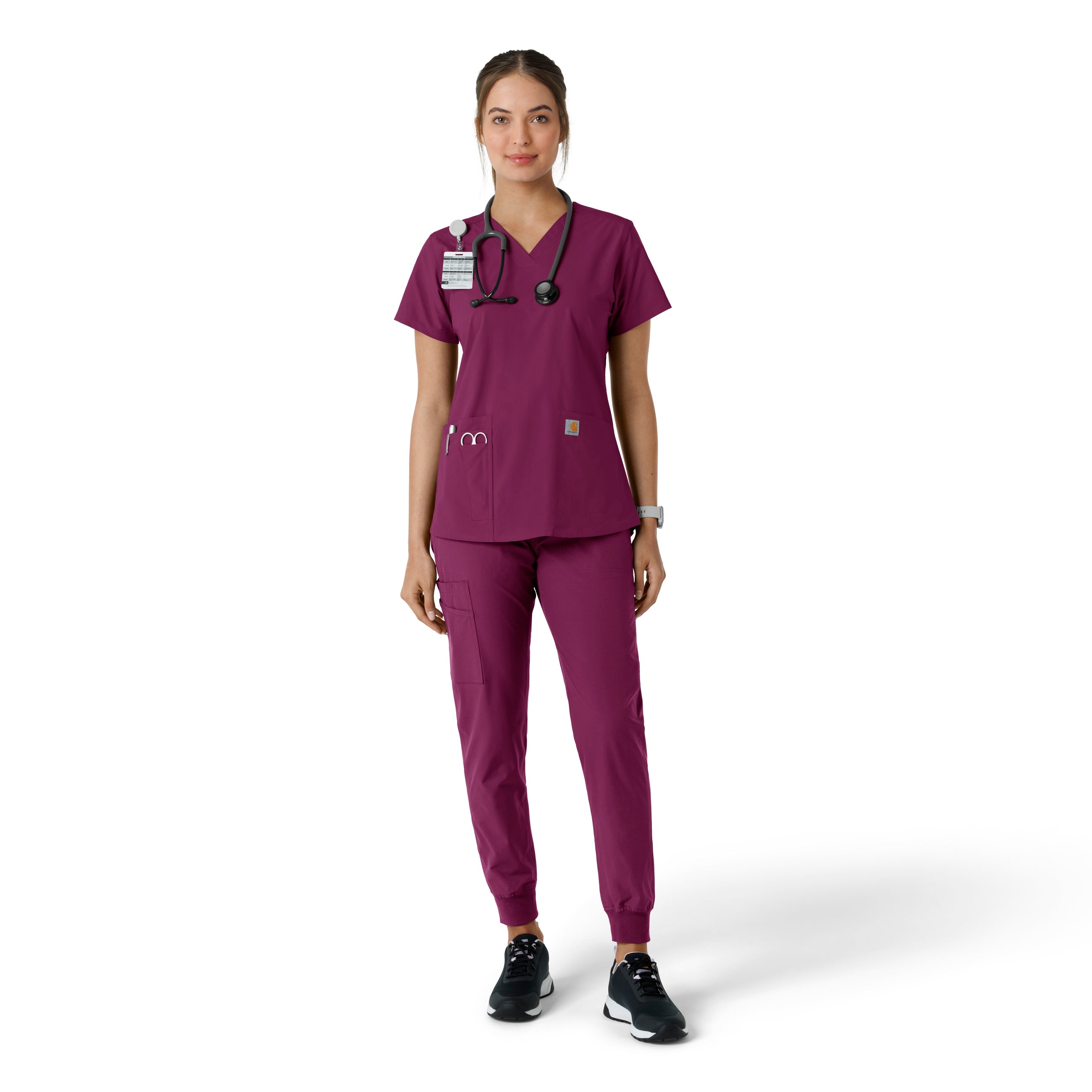 Force Essentials C12313 V-Neck Knit Panel Scrub Top Wine