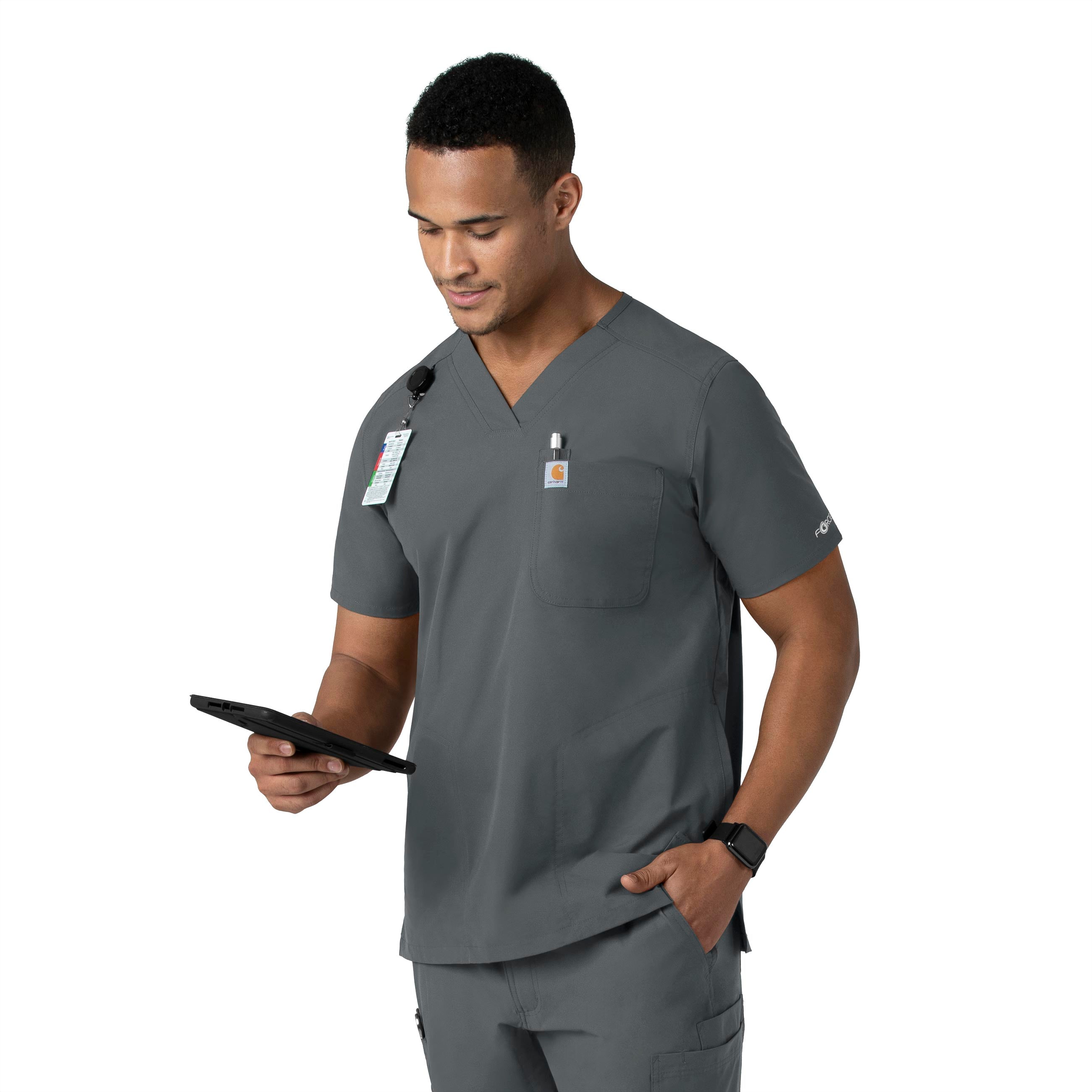 Force Essentials C16113 Men's V-Neck Shirttail Scrub Top Pewter