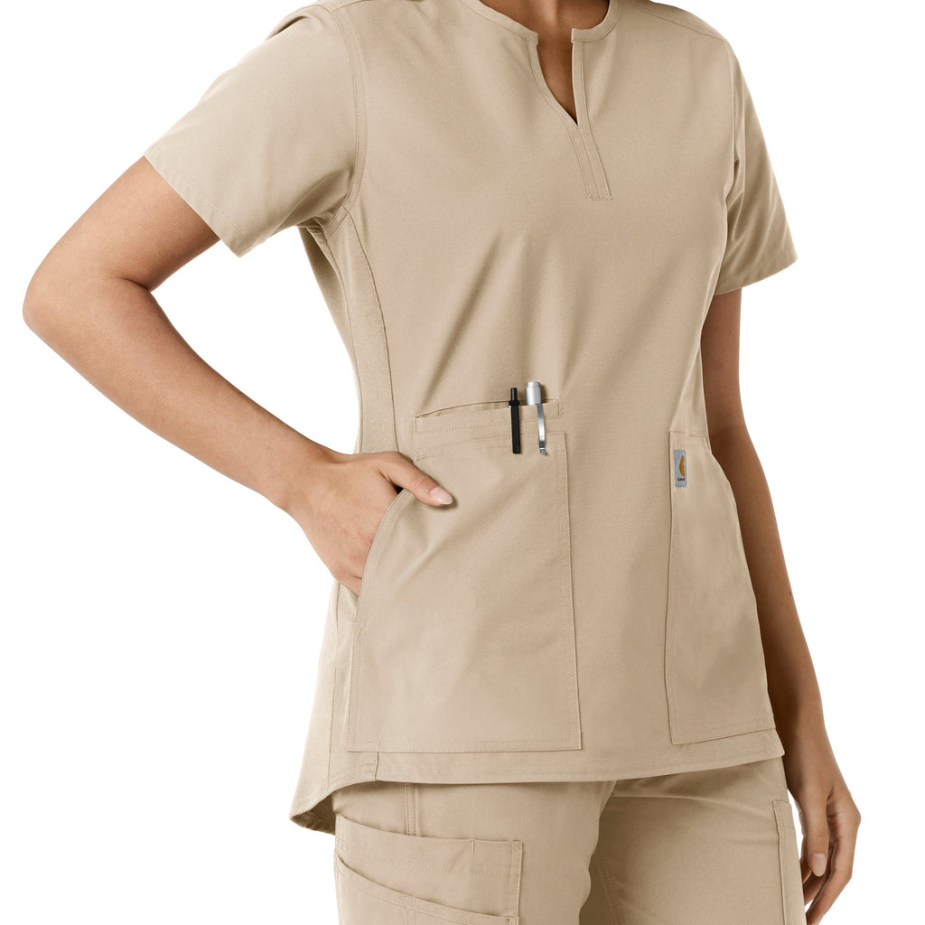 Force Essentials C12413 Notch Neck Tunic Knit Panel Scrub Top Khaki