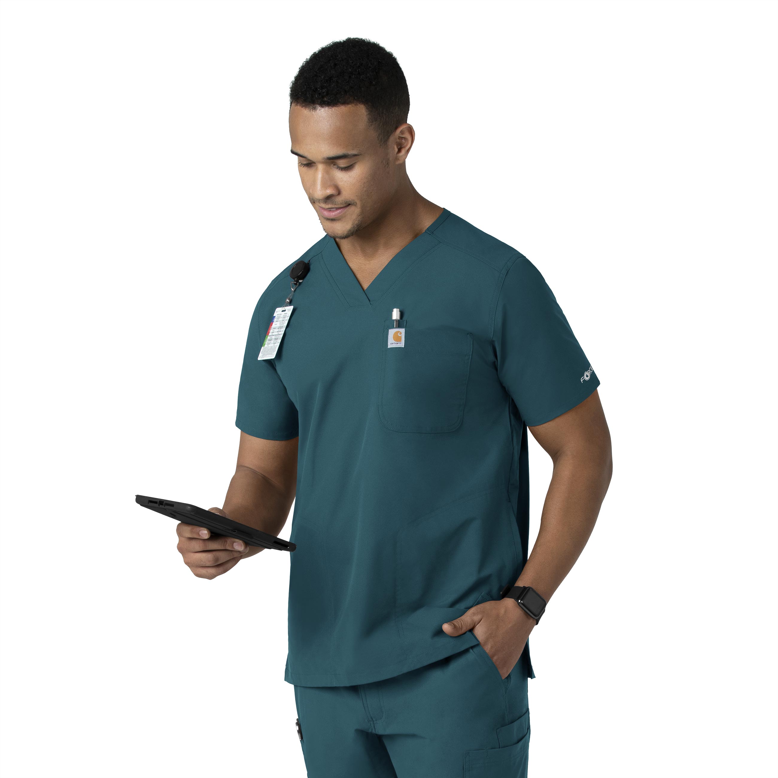 Force Essentials C16113 Men's V-Neck Shirttail Scrub Top Caribbean Blue