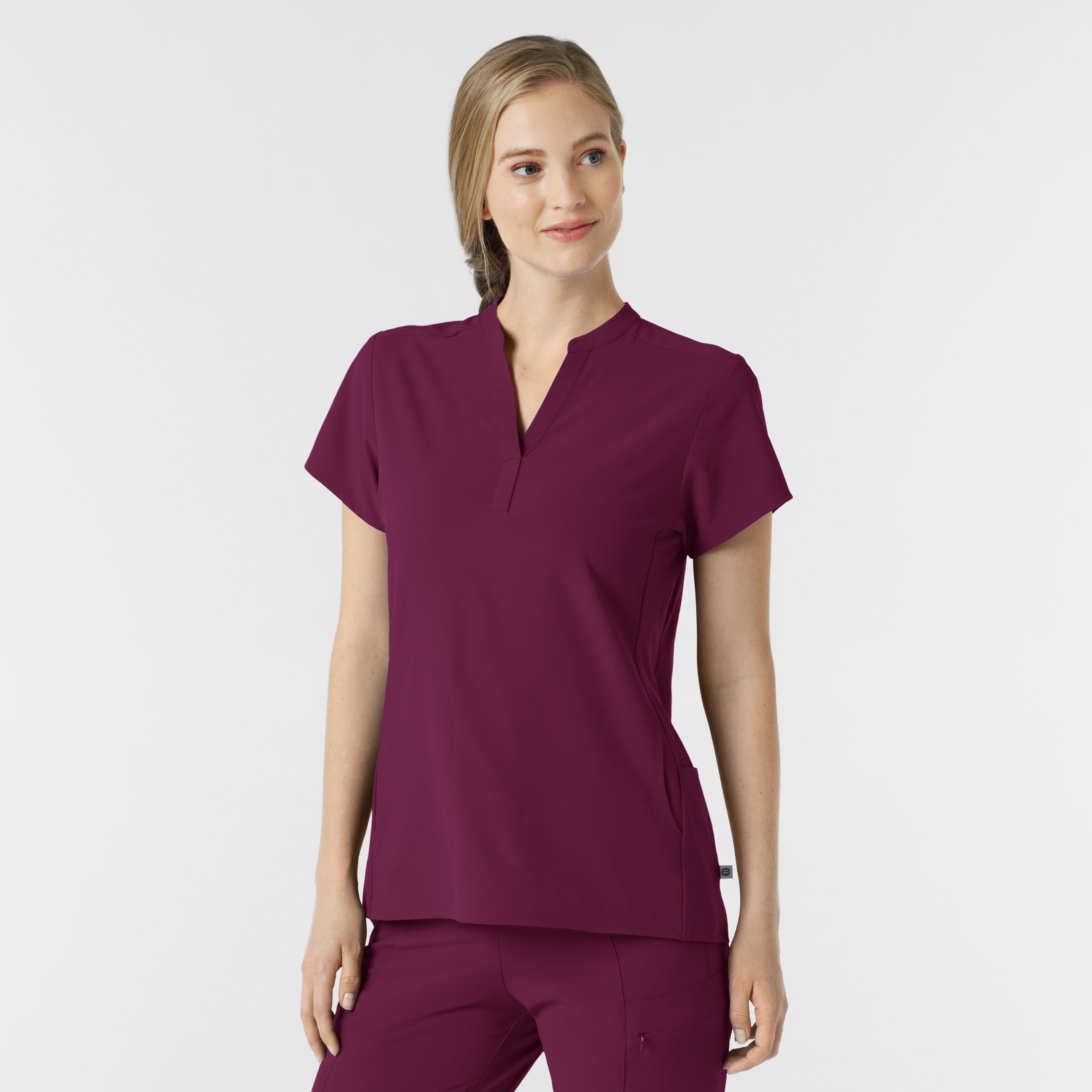 RENEW 6734 Mandarin Collar Scrub Top Wine