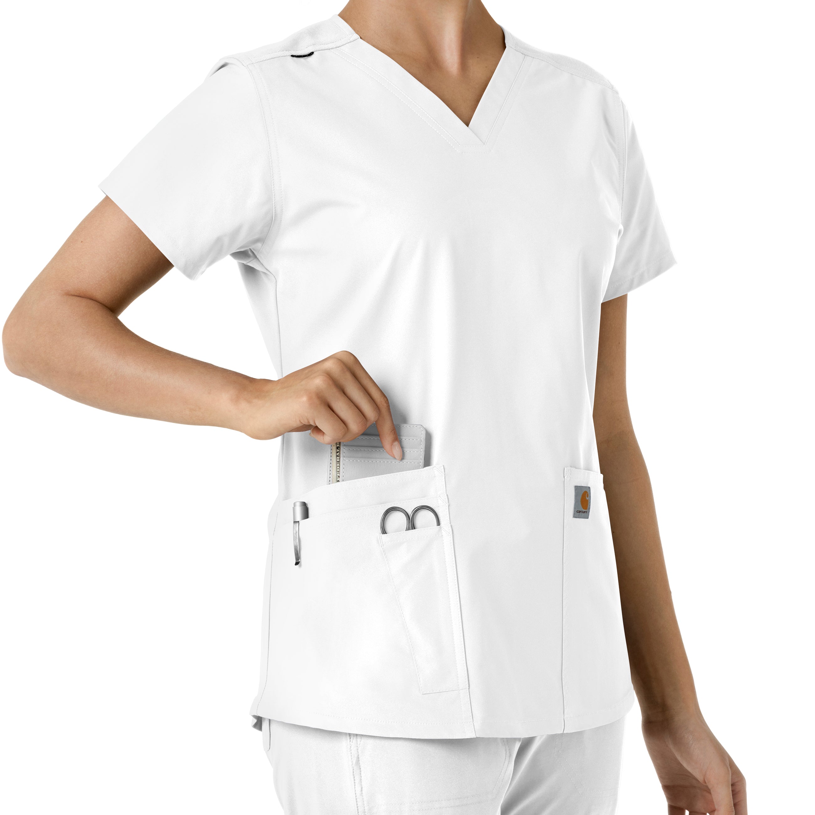 Force Essentials C12313 V-Neck Knit Panel Scrub Top White