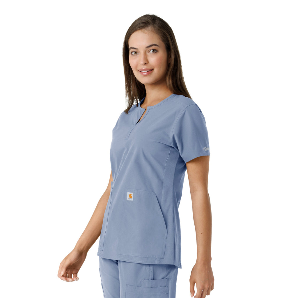 Force Essentials C12413 Notch Neck Tunic Knit Panel Scrub Top Ceil Blue