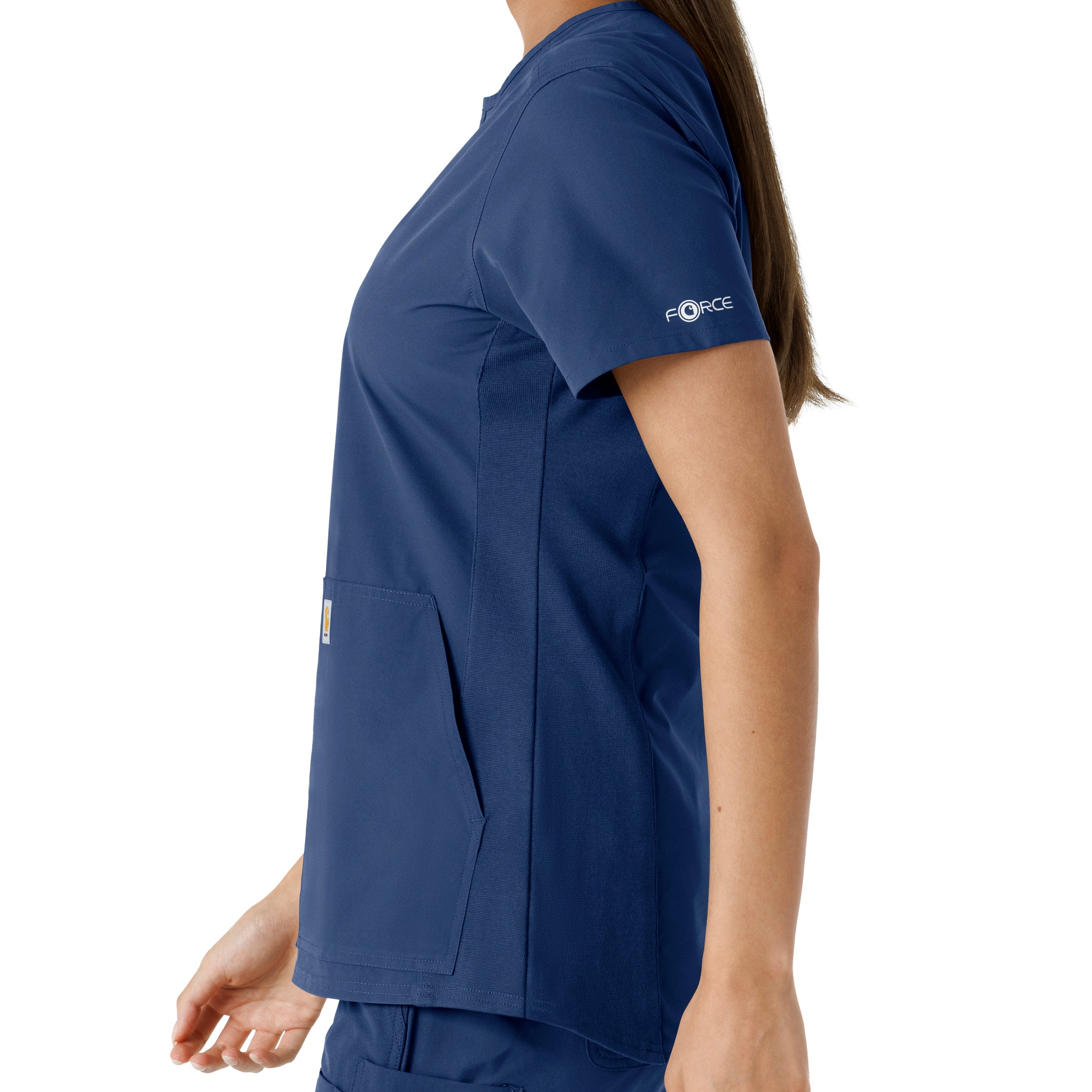 Force Essentials C12413 Notch Neck Tunic Knit Panel Scrub Top Navy