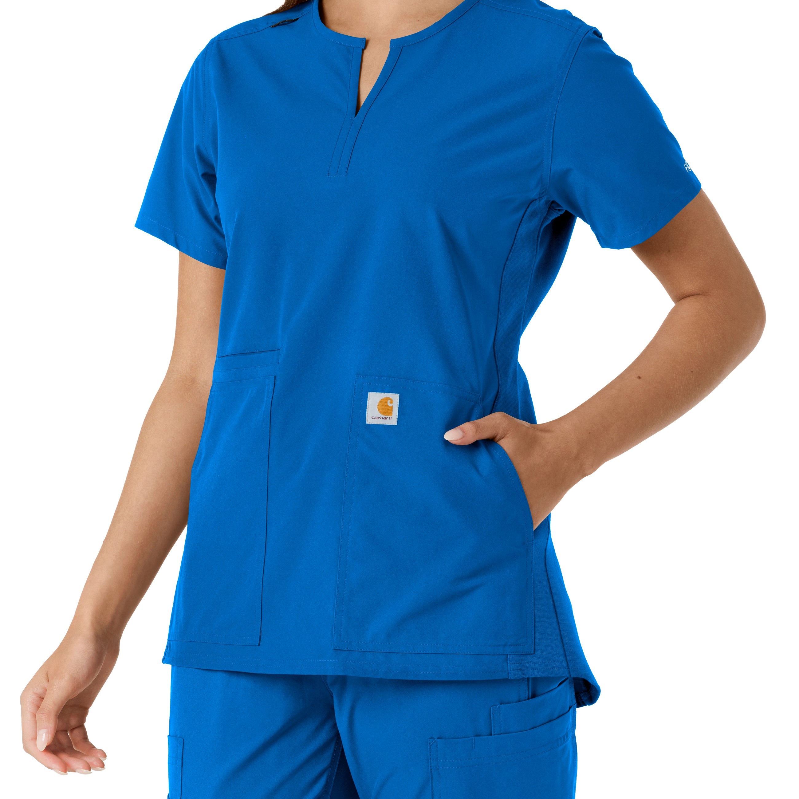 Force Essentials C12413 Notch Neck Tunic Knit Panel Scrub Top Royal