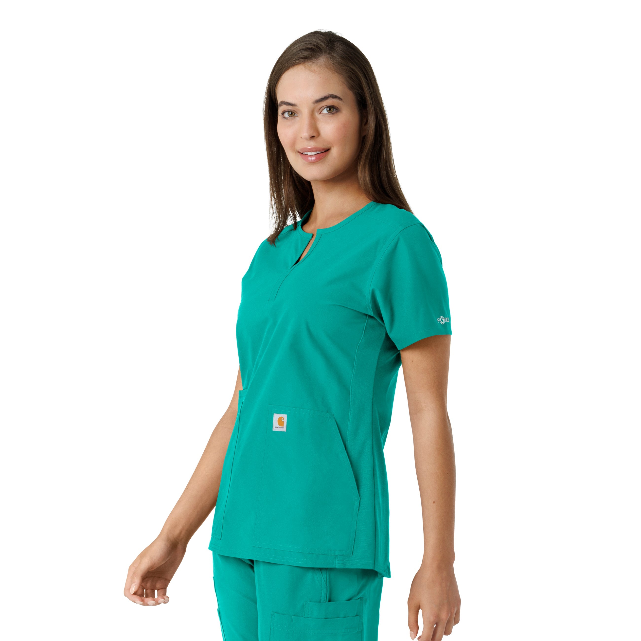 Force Essentials C12413 Notch Neck Tunic Knit Panel Scrub Top Teal