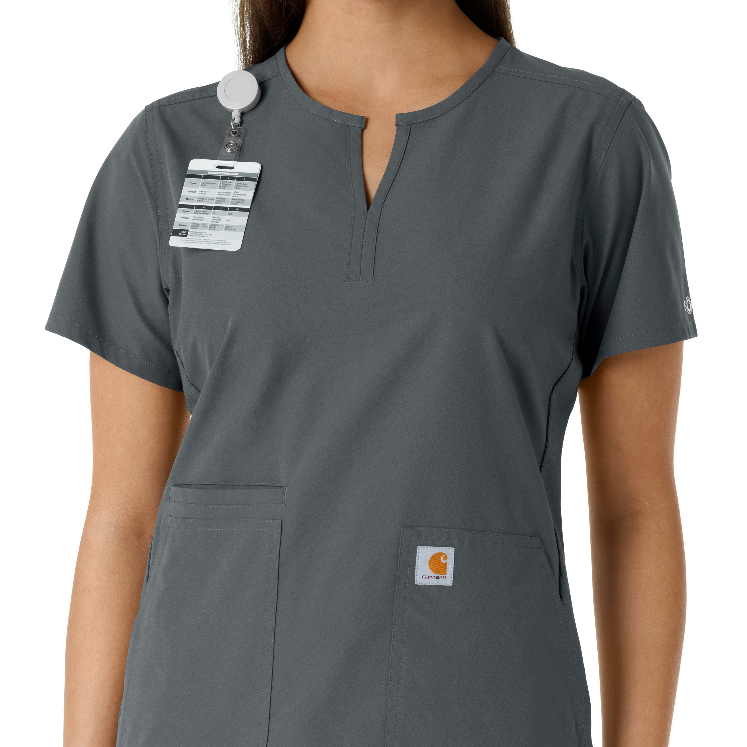 Force Essentials C12413 Notch Neck Tunic Knit Panel Scrub Top Pewter