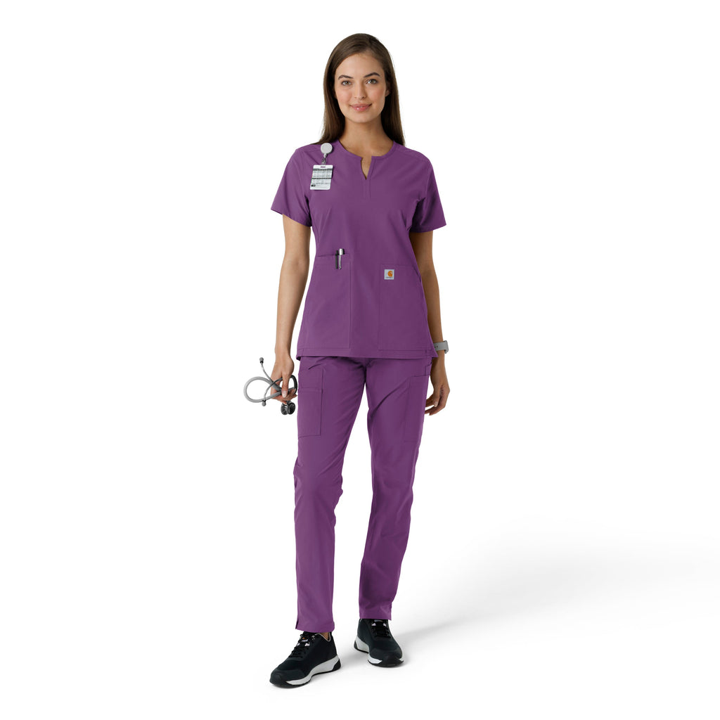Force Essentials C12413 Notch Neck Tunic Knit Panel Scrub Top Eggplant