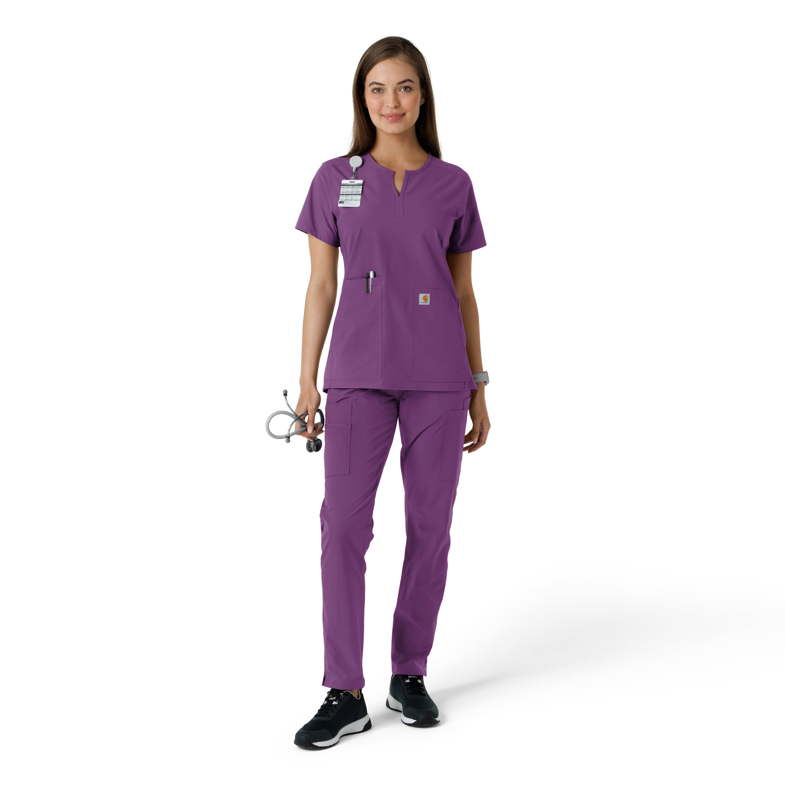 Force Essentials C12413 Notch Neck Tunic Knit Panel Scrub Top Eggplant