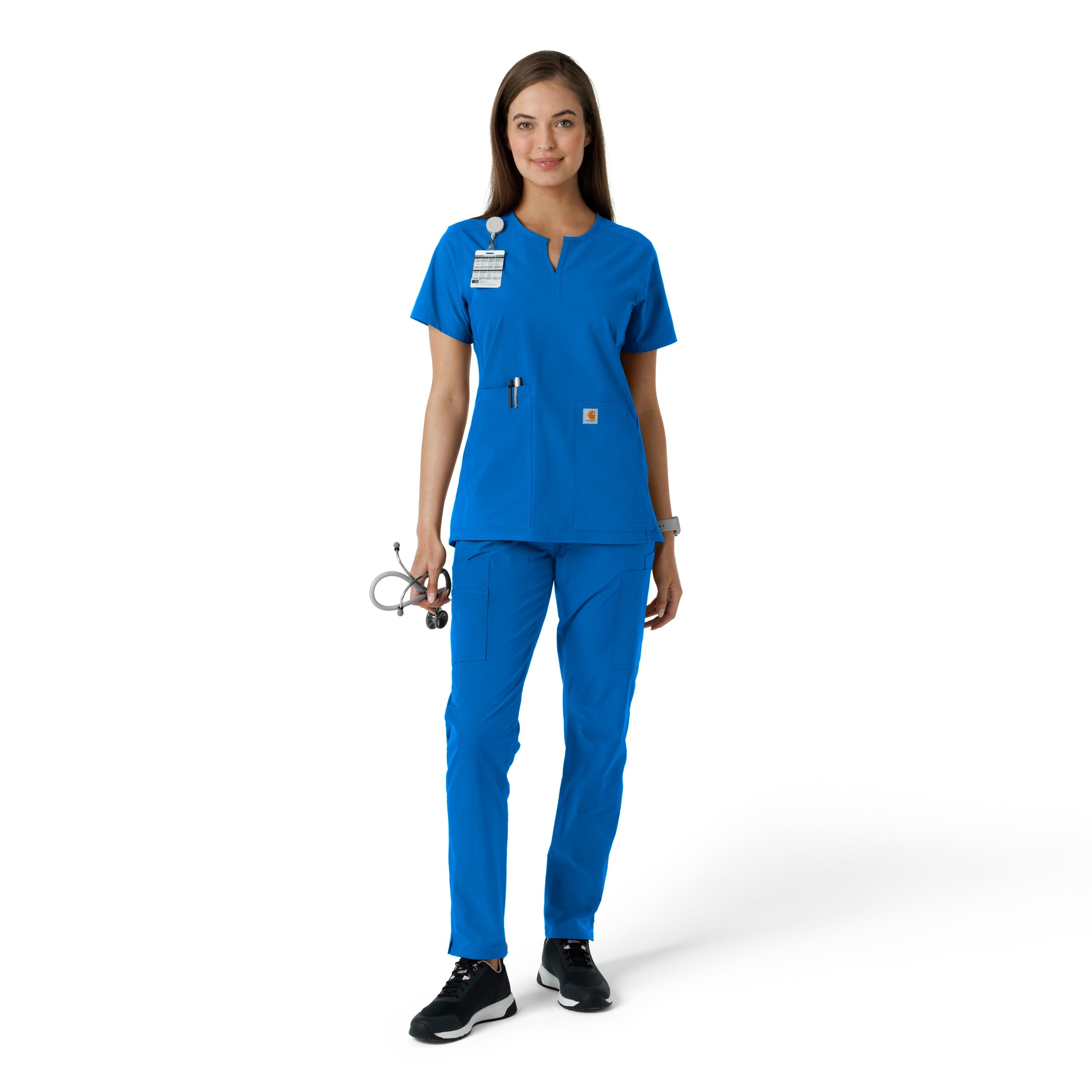 Force Essentials C12413 Notch Neck Tunic Knit Panel Scrub Top Royal