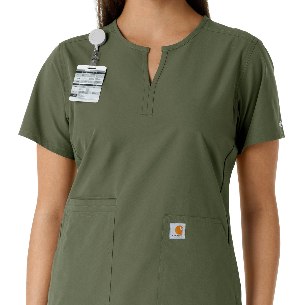 Force Essentials C12413 Notch Neck Tunic Knit Panel Scrub Top Olive