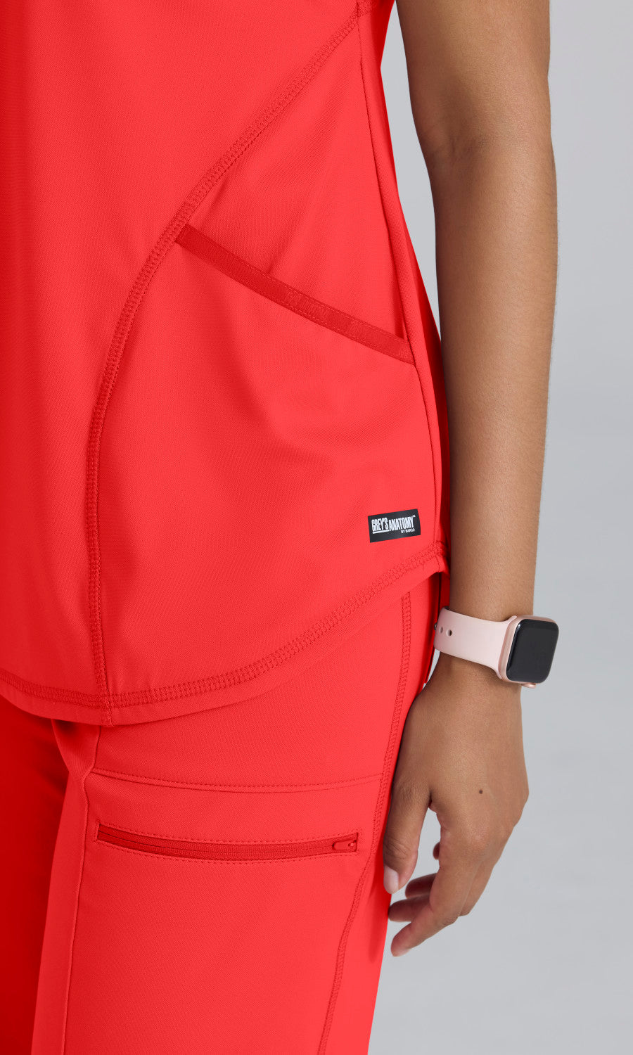 Grey's Anatomy Knits GRST249 Define Knit Scrub Top Radiant Coral