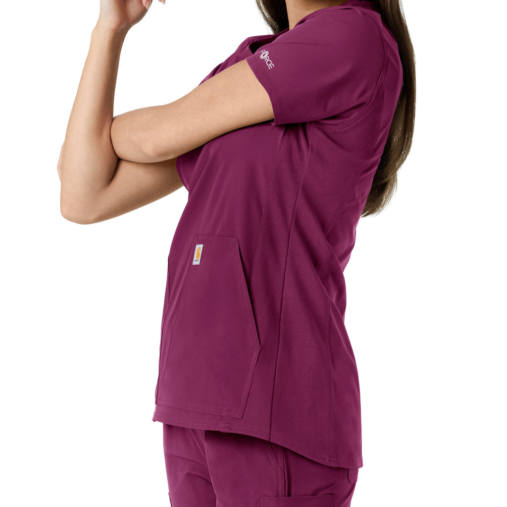 Force Essentials C12413 Notch Neck Tunic Knit Panel Scrub Top Wine