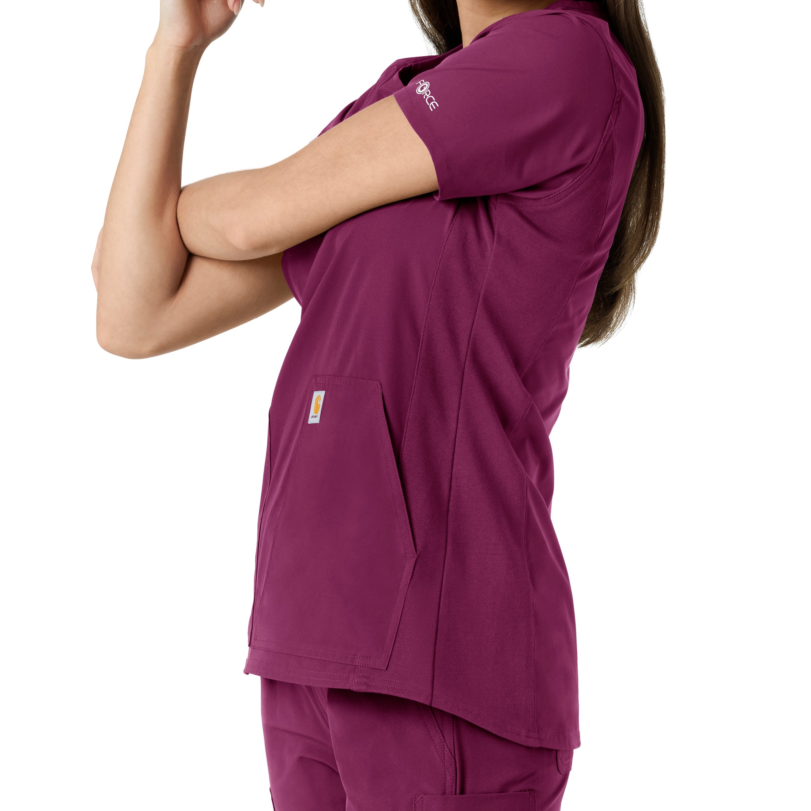 Force Essentials C12413 Notch Neck Tunic Knit Panel Scrub Top Wine